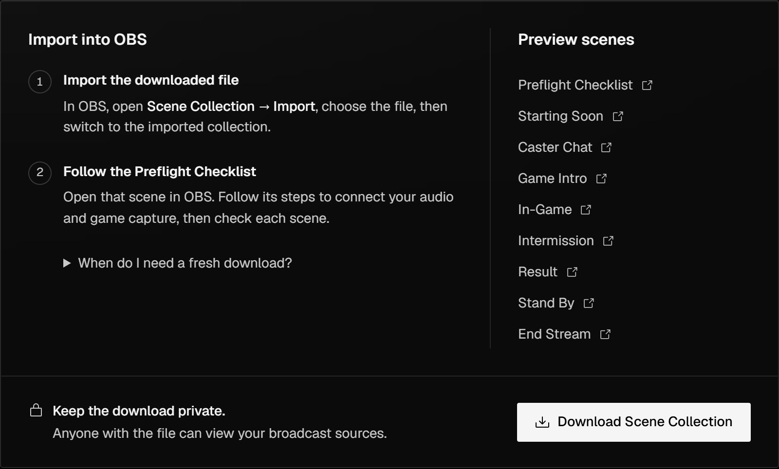 OBS Setup: the import steps, the Preview scenes list and Download Scene Collection