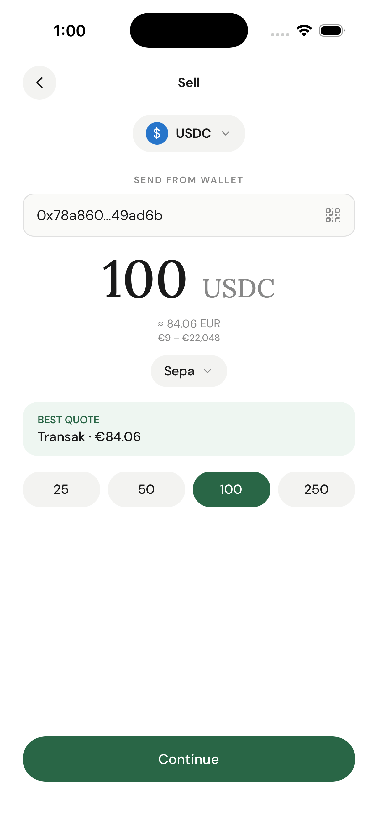 Off-ramp sell entry screen with a live quote