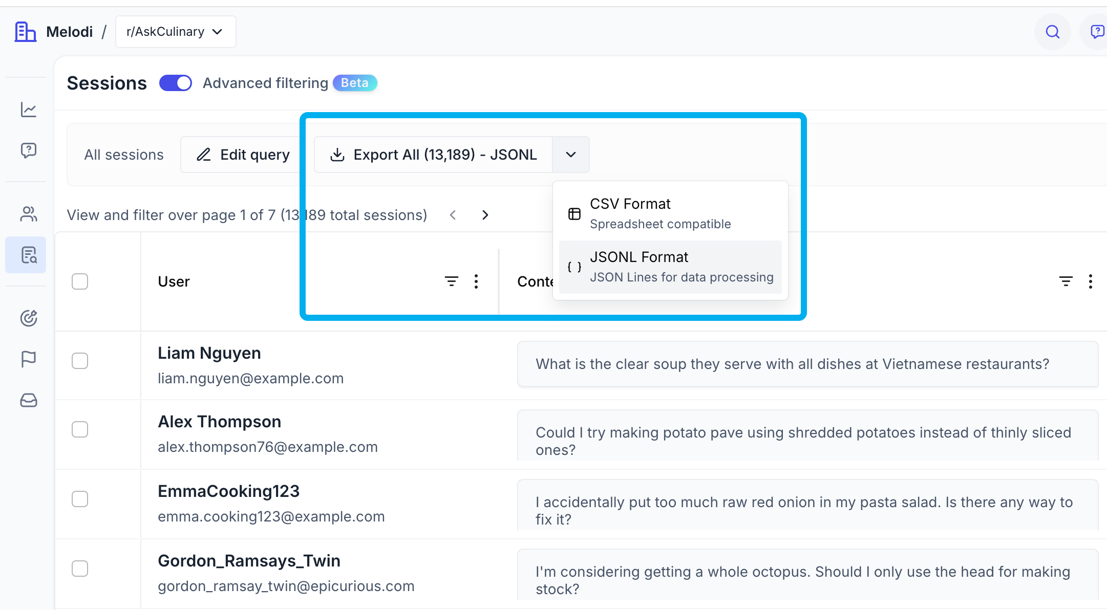 Session export interface
