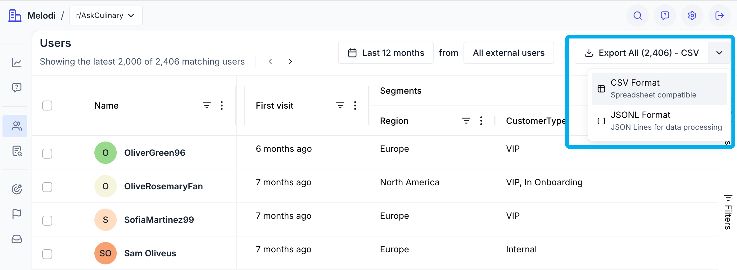 Users export interface