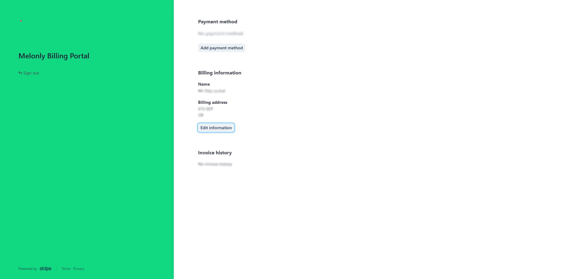 The Melonly billing portal with Payment method, Billing information and Invoice history