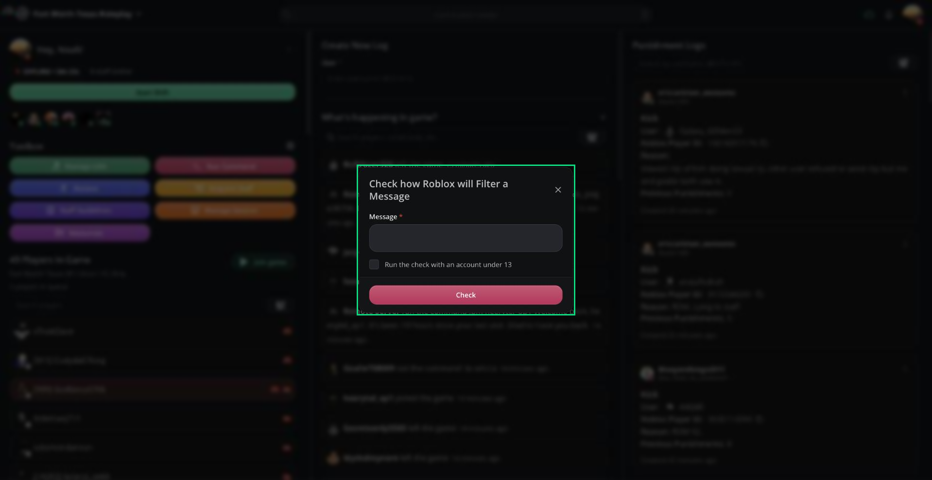 The Check how Roblox will Filter a Message dialog