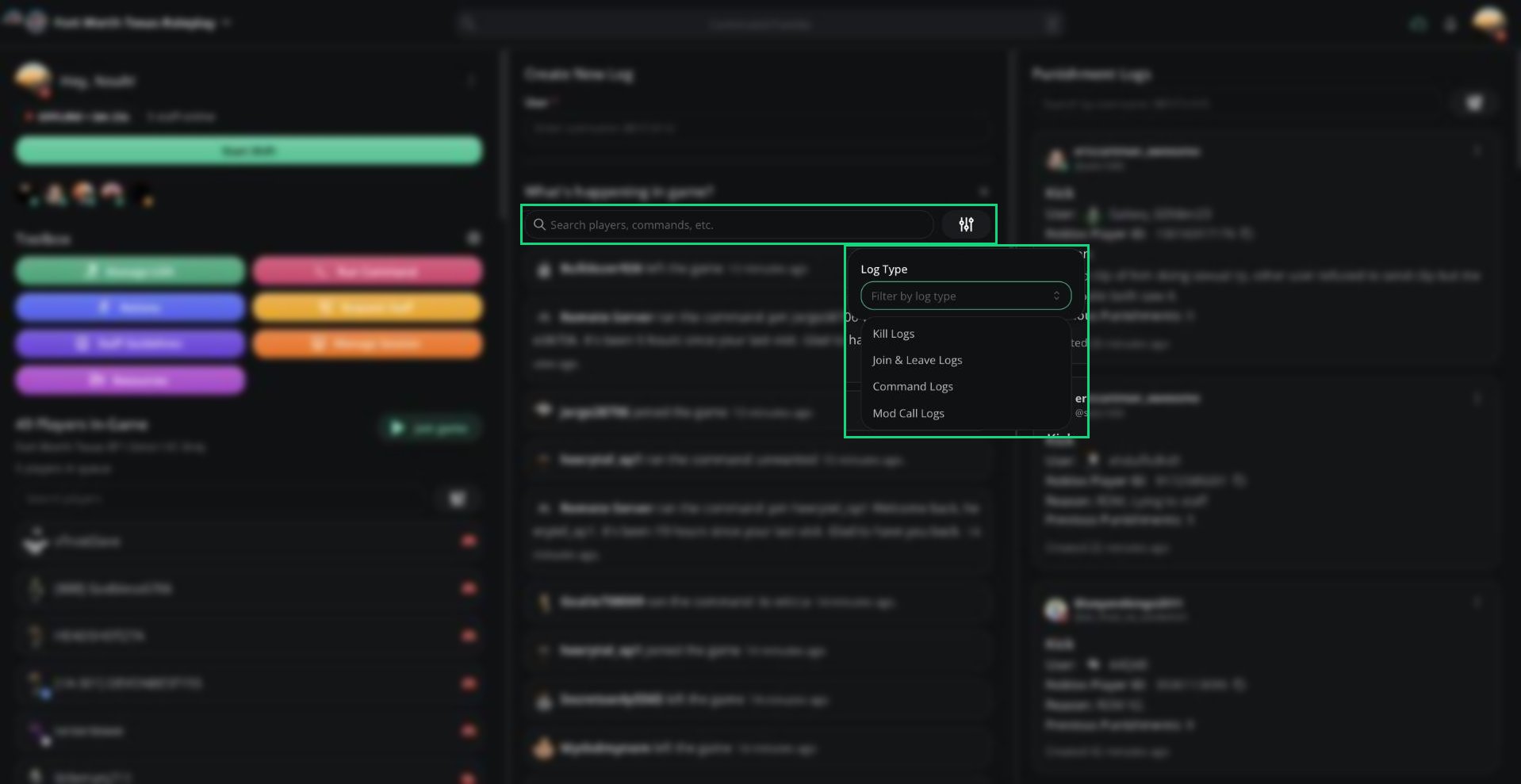 The Log Type filter for game logs