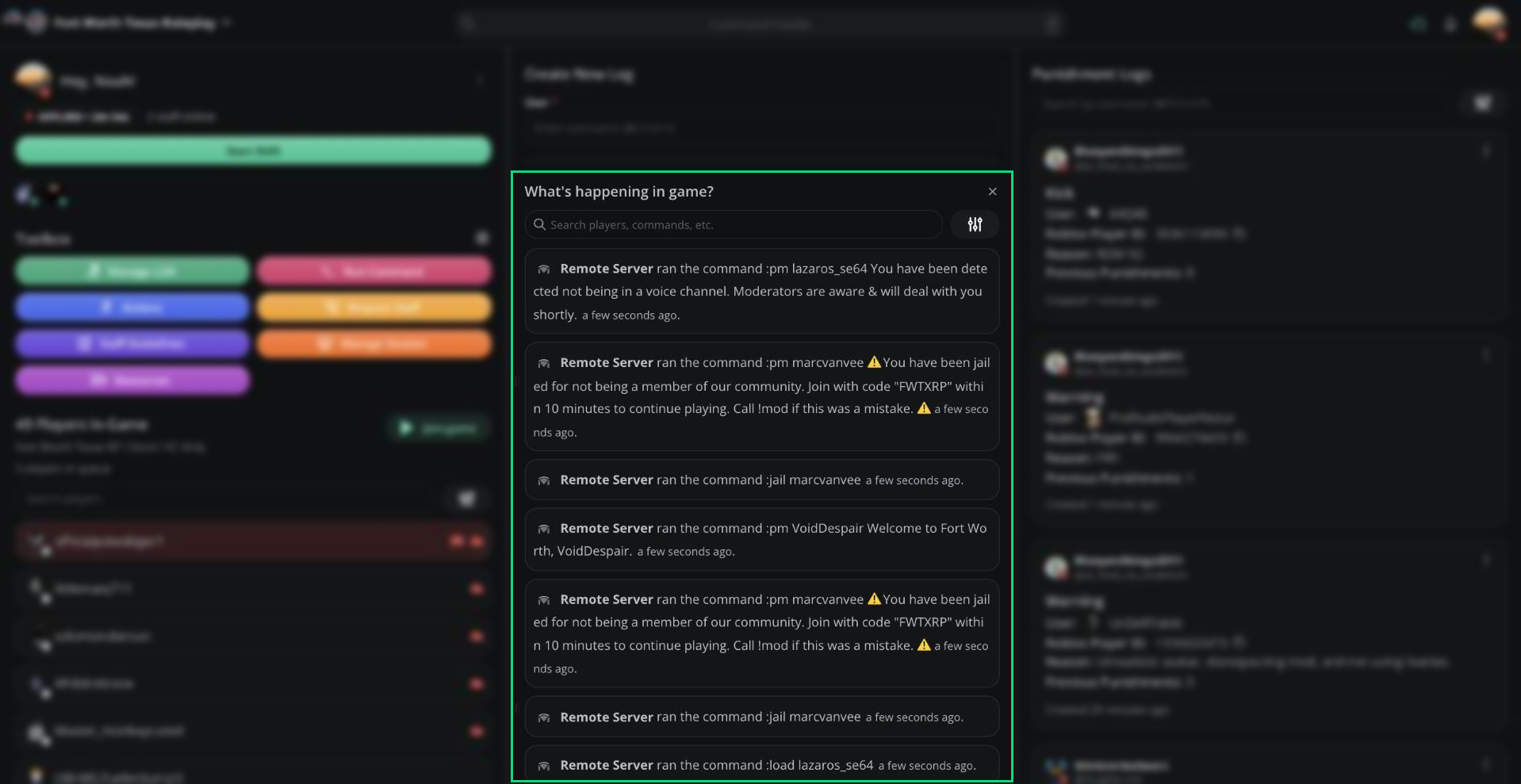 The What's happening in game? feed showing commands run in the server
