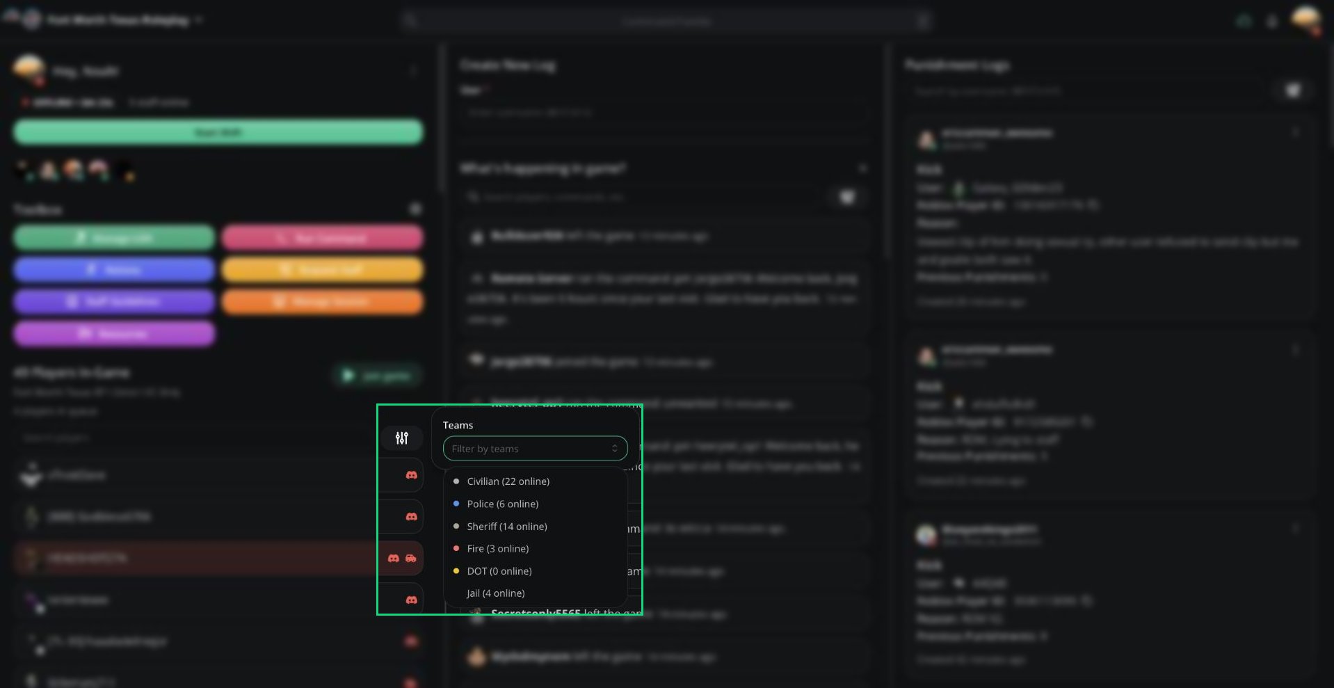 The Teams filter listing Civilian, Police, Sheriff, Fire, DOT, and Jail