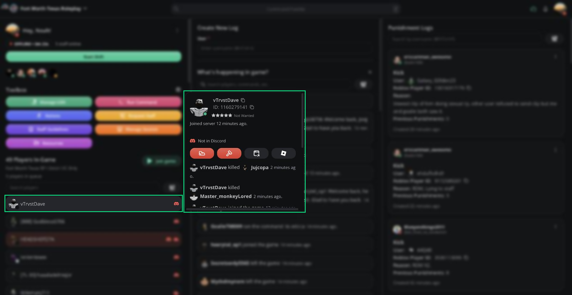 A player's info card opened from the player list