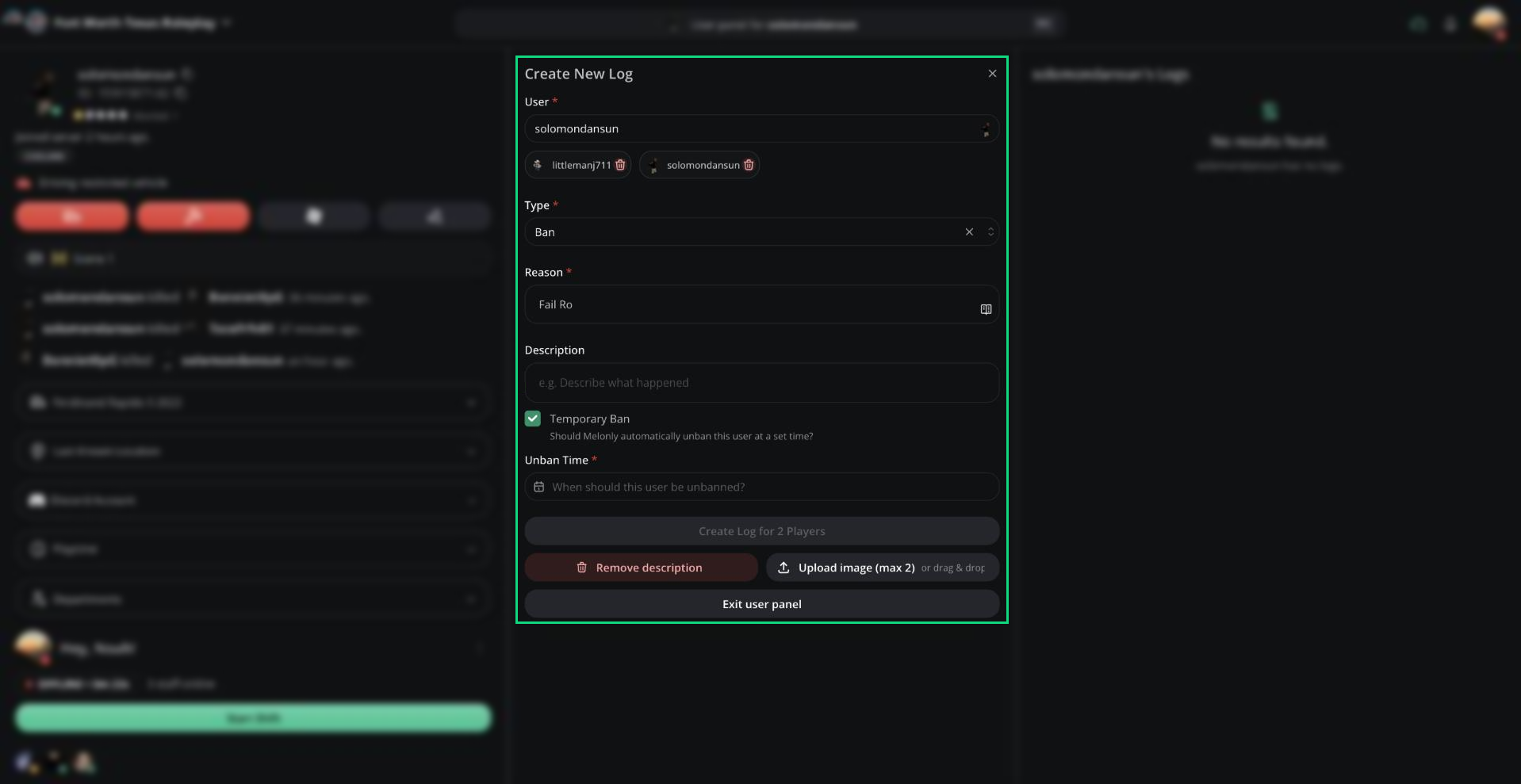 The log form with two players, a description, and a temporary ban