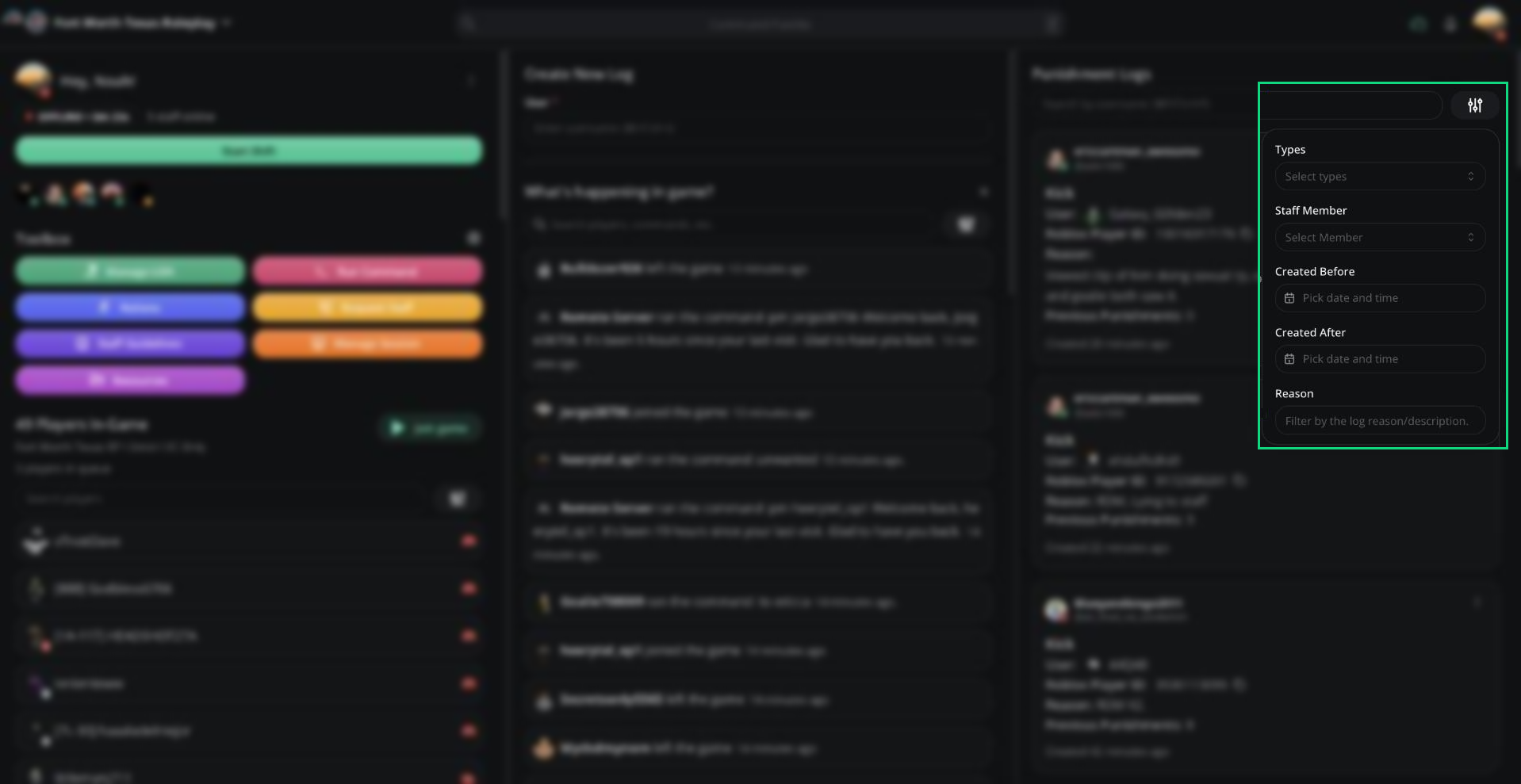 The Punishment Logs filter menu