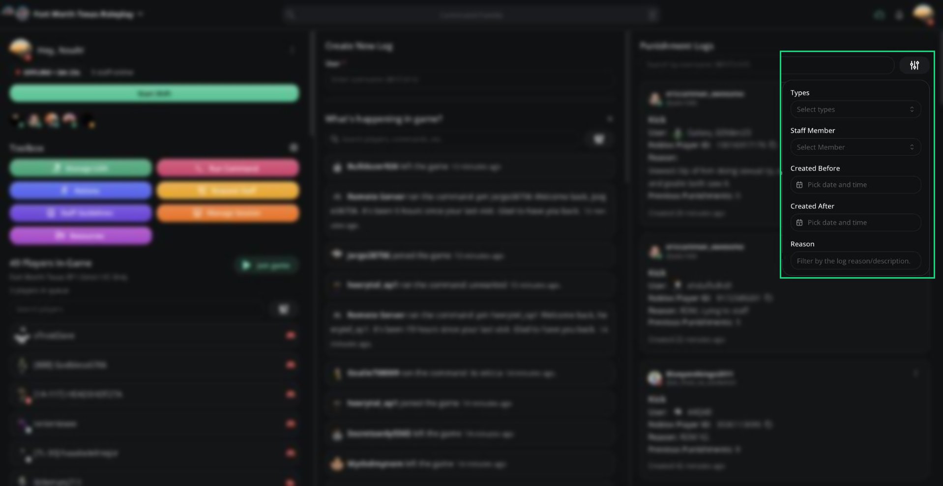 The Punishment Logs filter menu