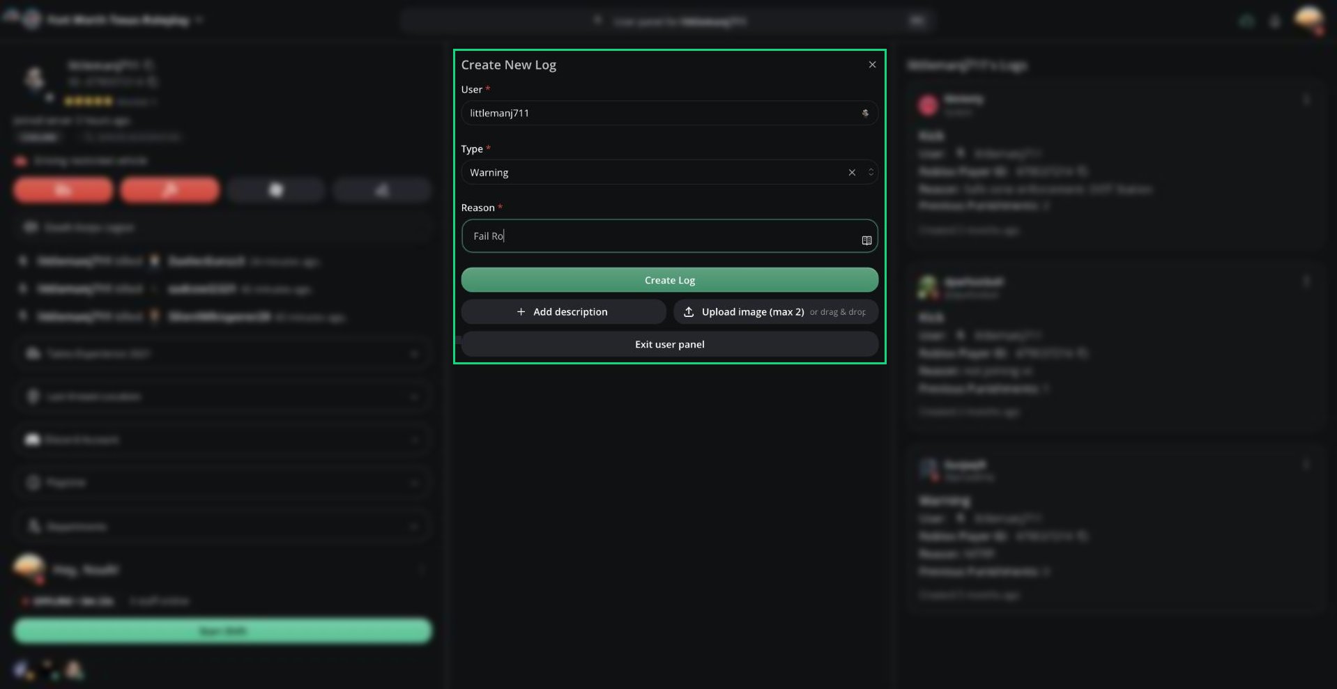 The Create New Log form with a user, type, and reason