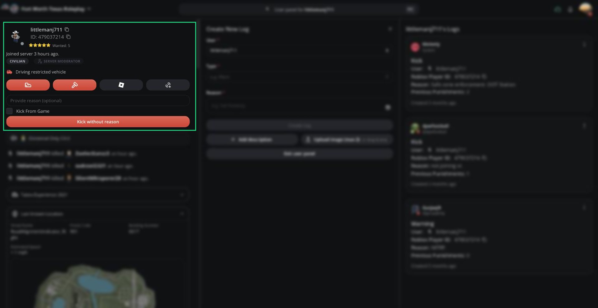 The kick form on a User Panel, with an optional reason field