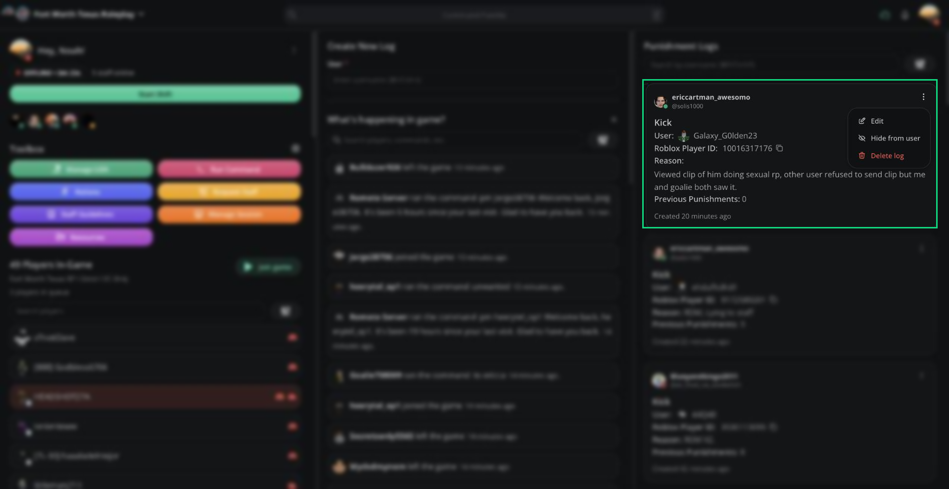 The log options menu with Edit, Hide from user, and Delete log
