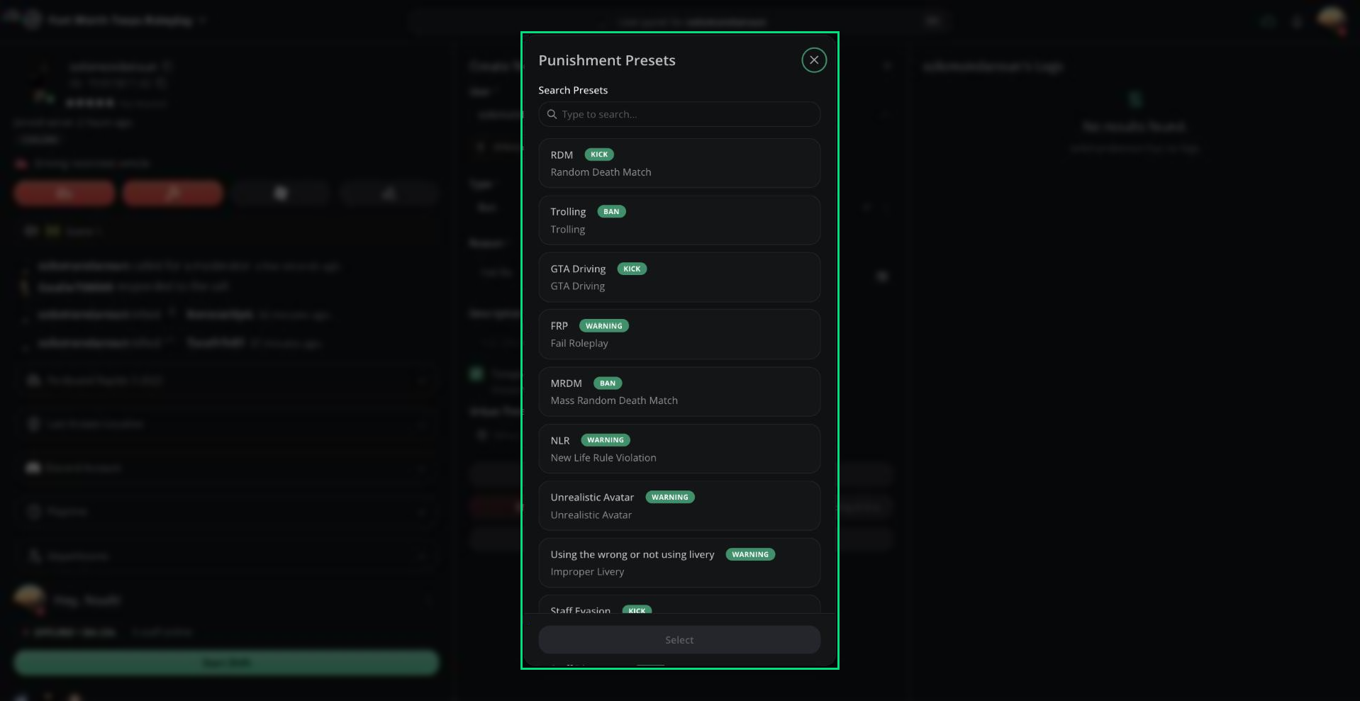 The Punishment Presets window listing saved presets