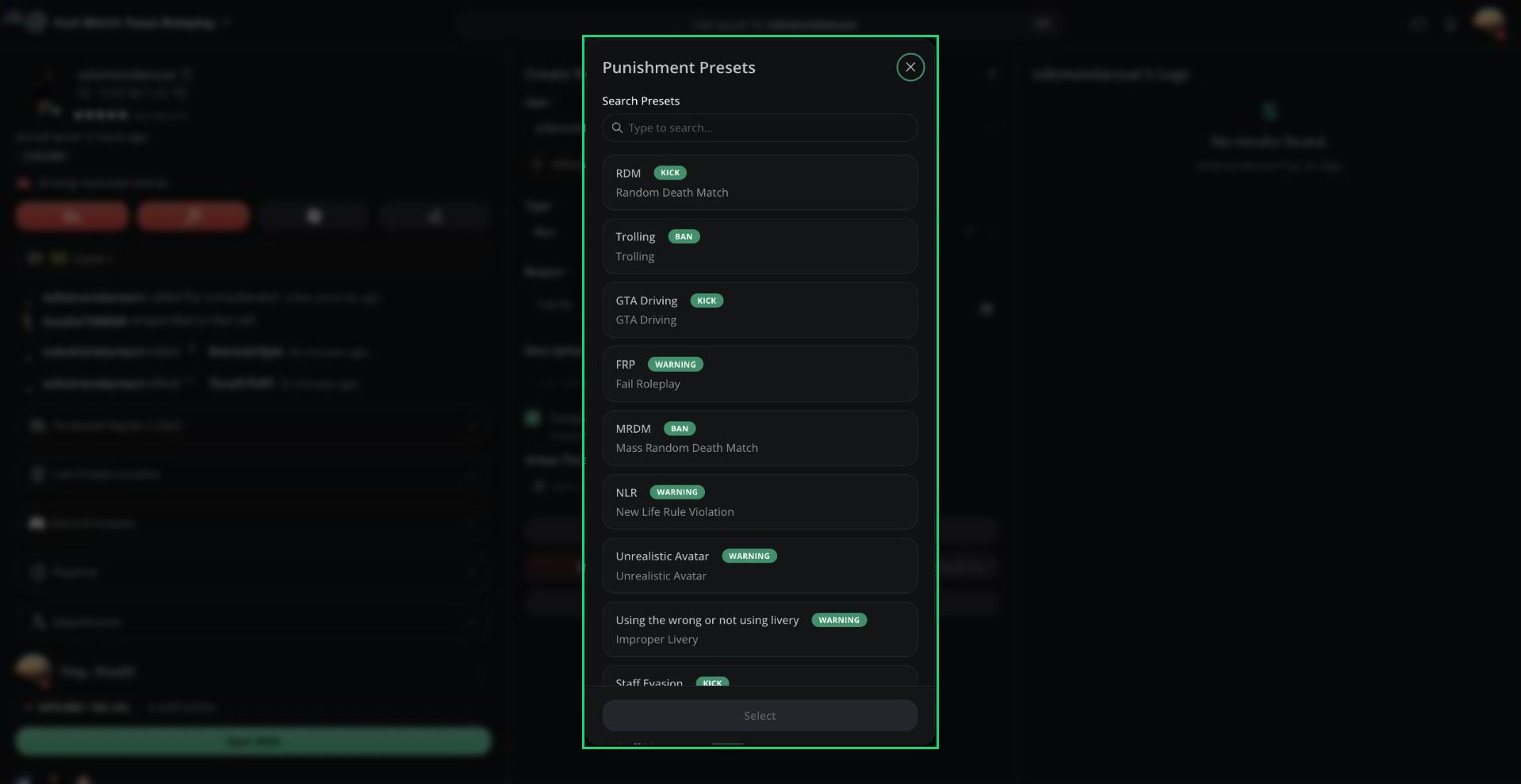 The Punishment Presets window listing saved presets
