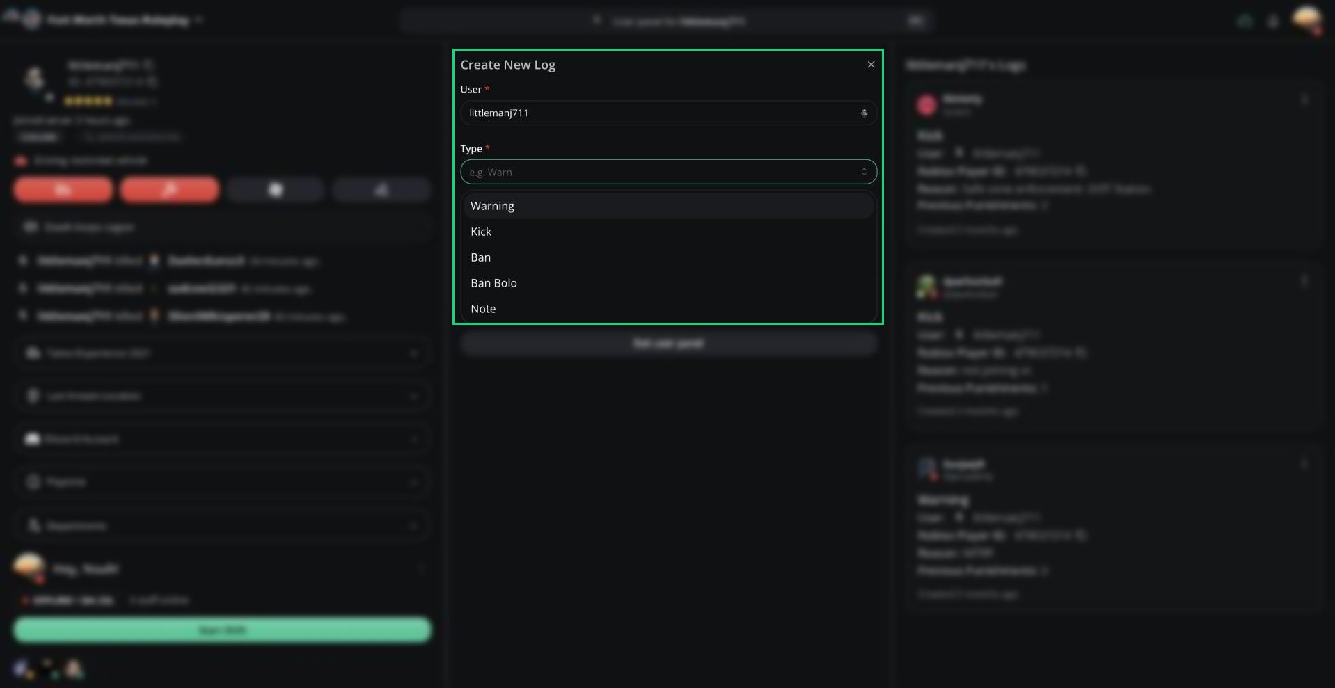The log Type dropdown with Warning, Kick, Ban, Ban Bolo, and Note