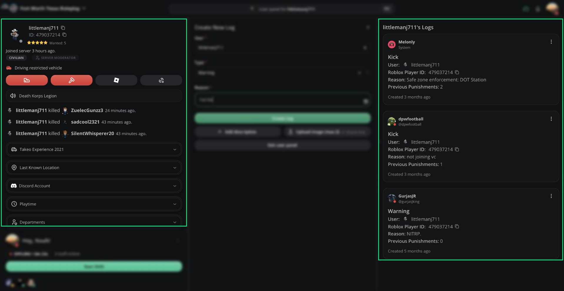 The User Panel showing a player's profile and logs