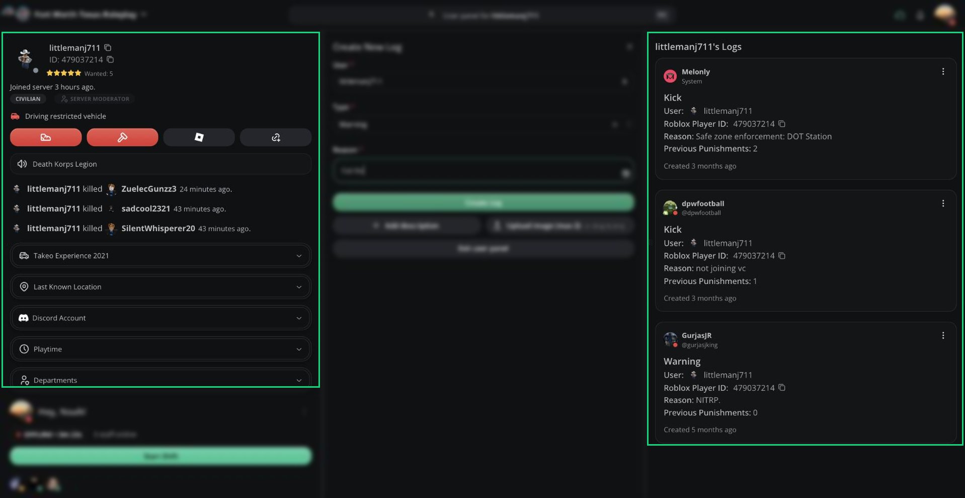 The User Panel showing a player's profile and logs