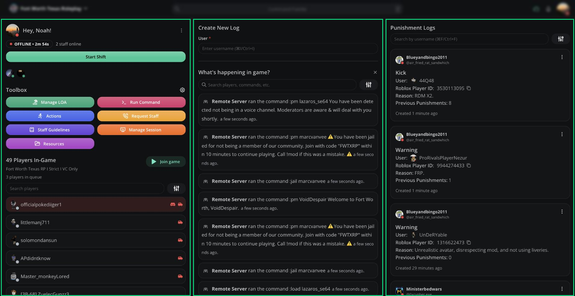 The Mod Panel's three-column layout