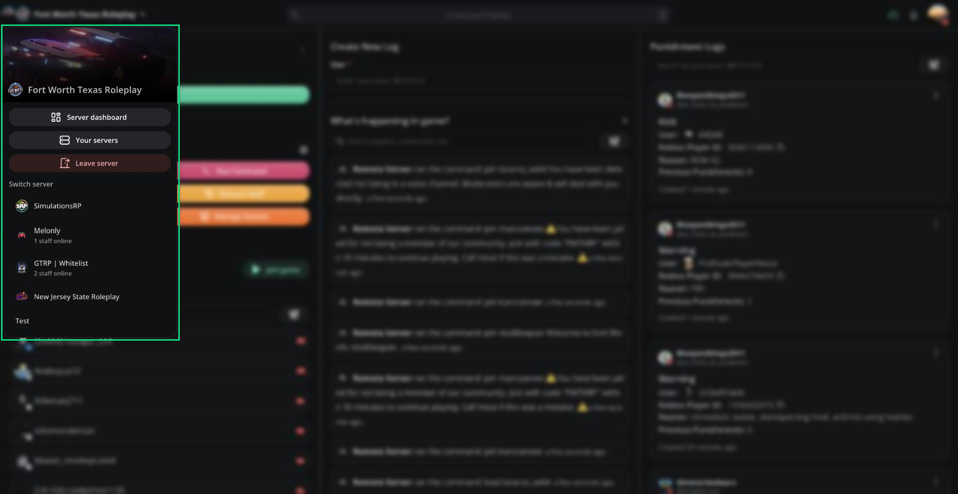 The server switcher dropdown