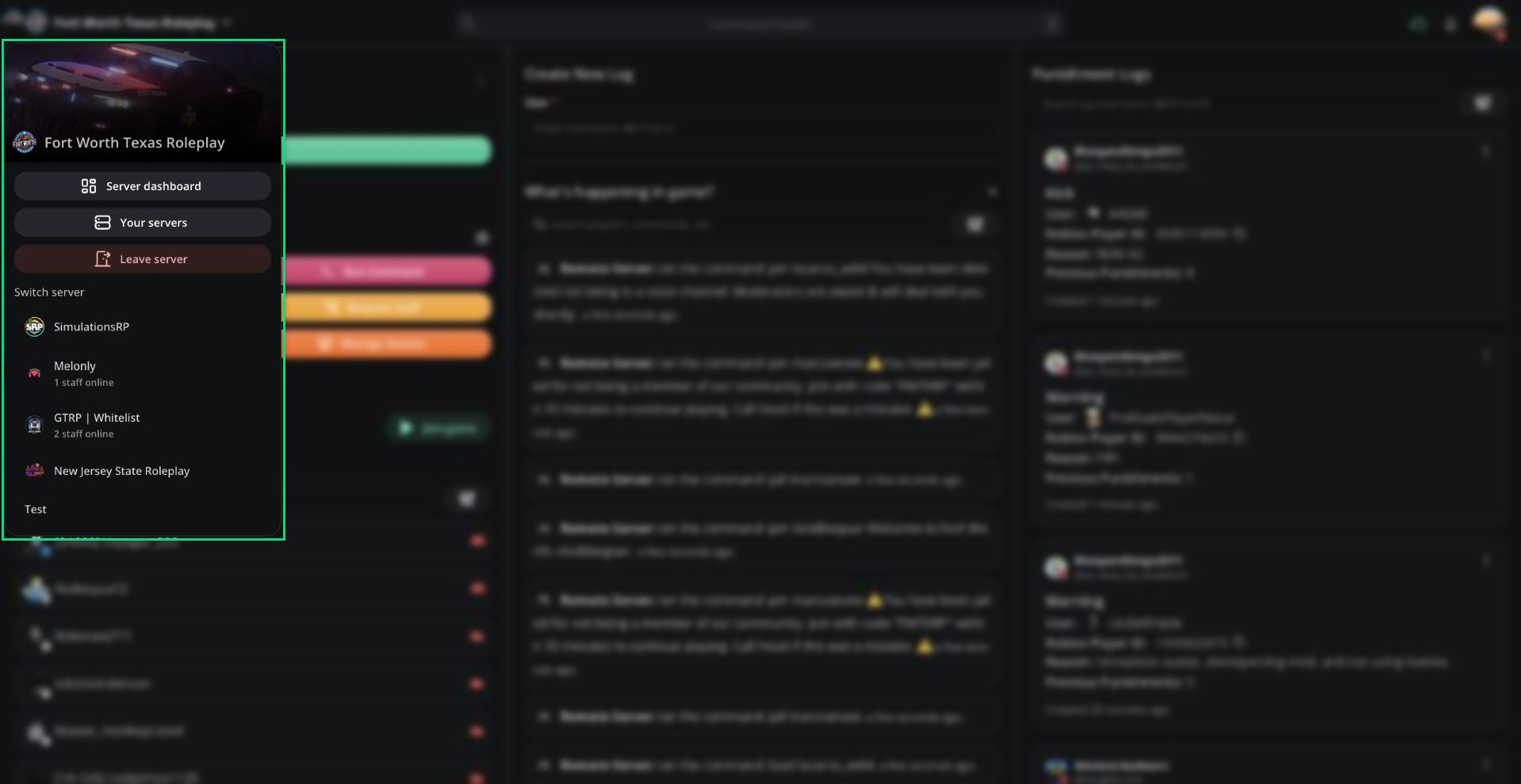 The server switcher dropdown