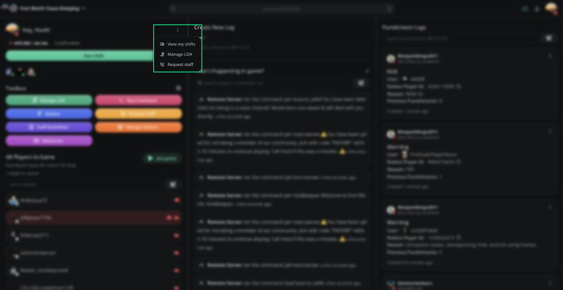 The More options menu with View my shifts, Manage LOA, and Request staff