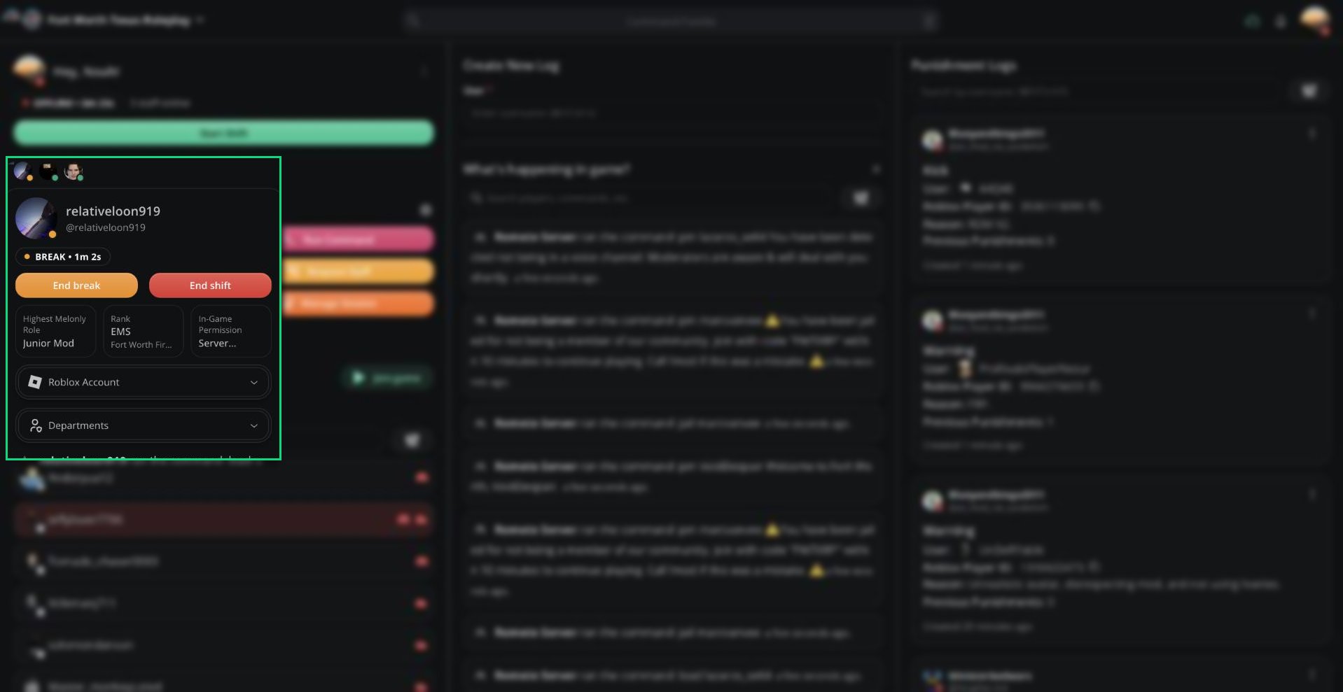 A moderator card showing status, role, rank, and permissions