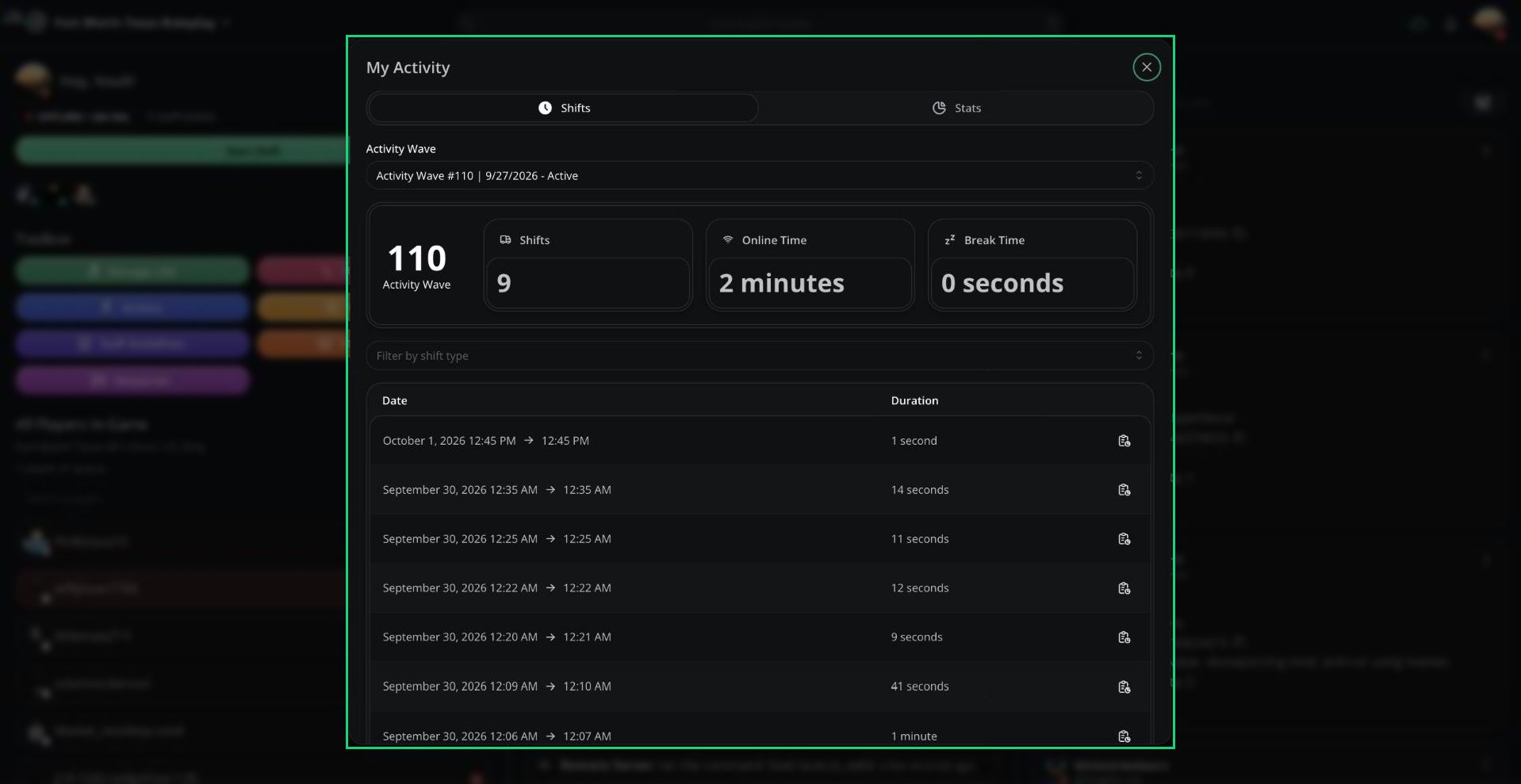 The My Activity window on the Shifts tab