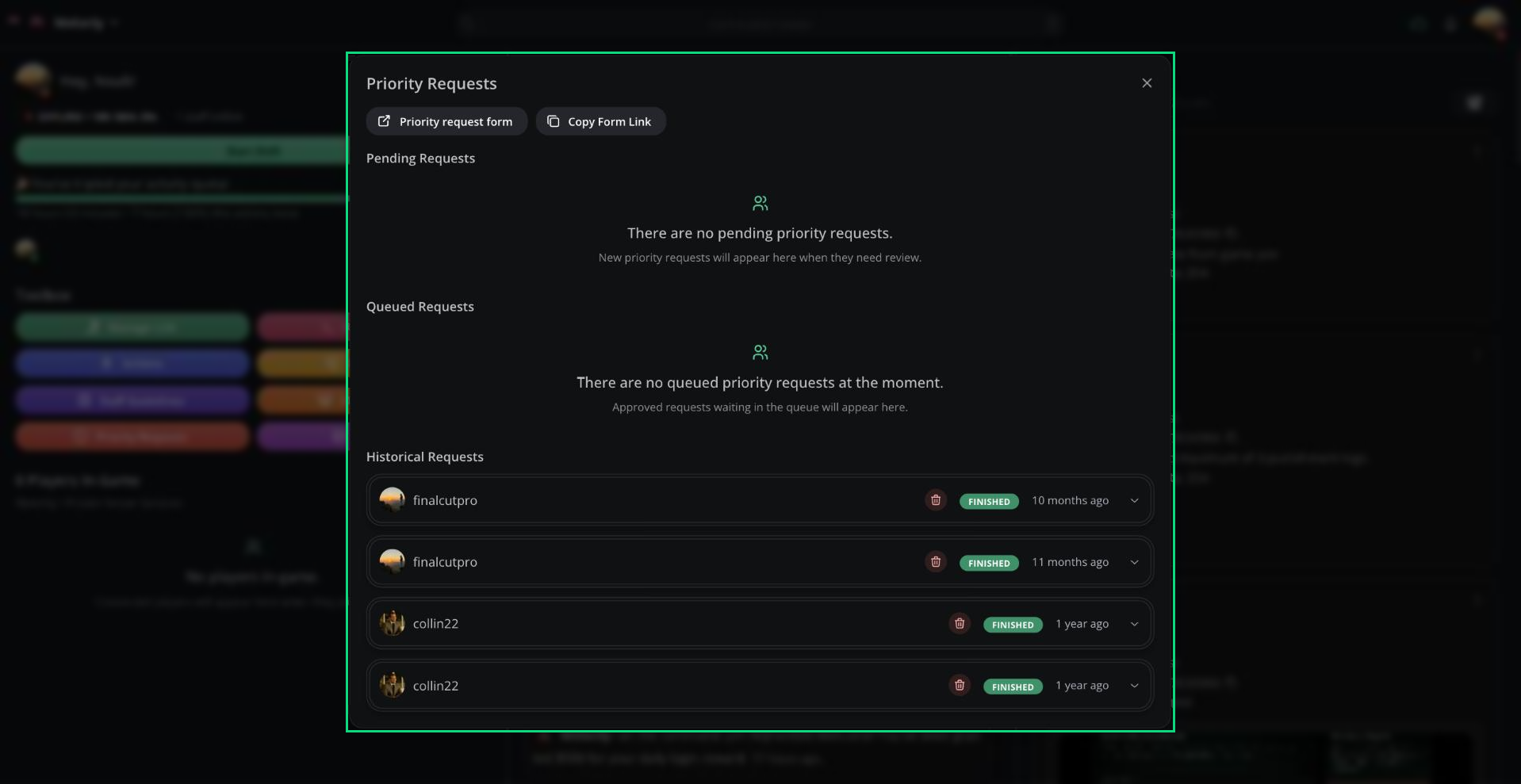 The Priority Requests window with pending, queued, and historical requests