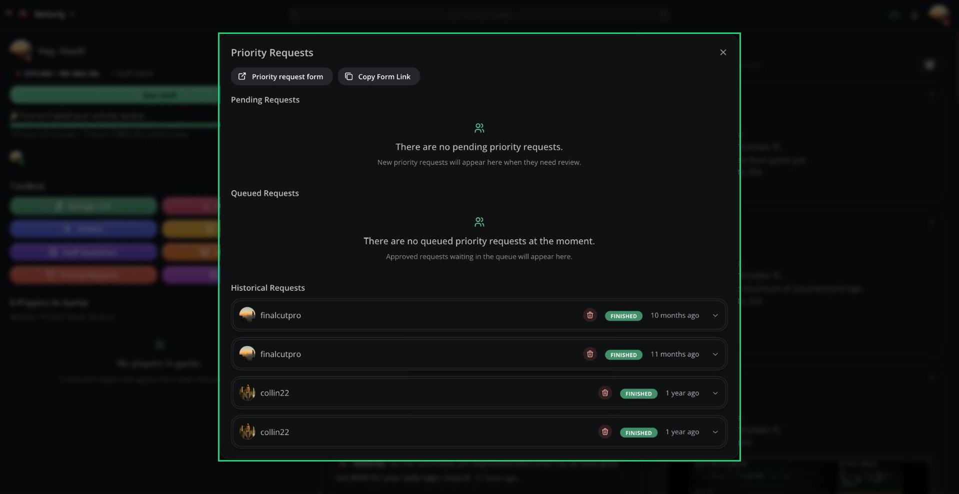 The Priority Requests window with pending, queued, and historical requests