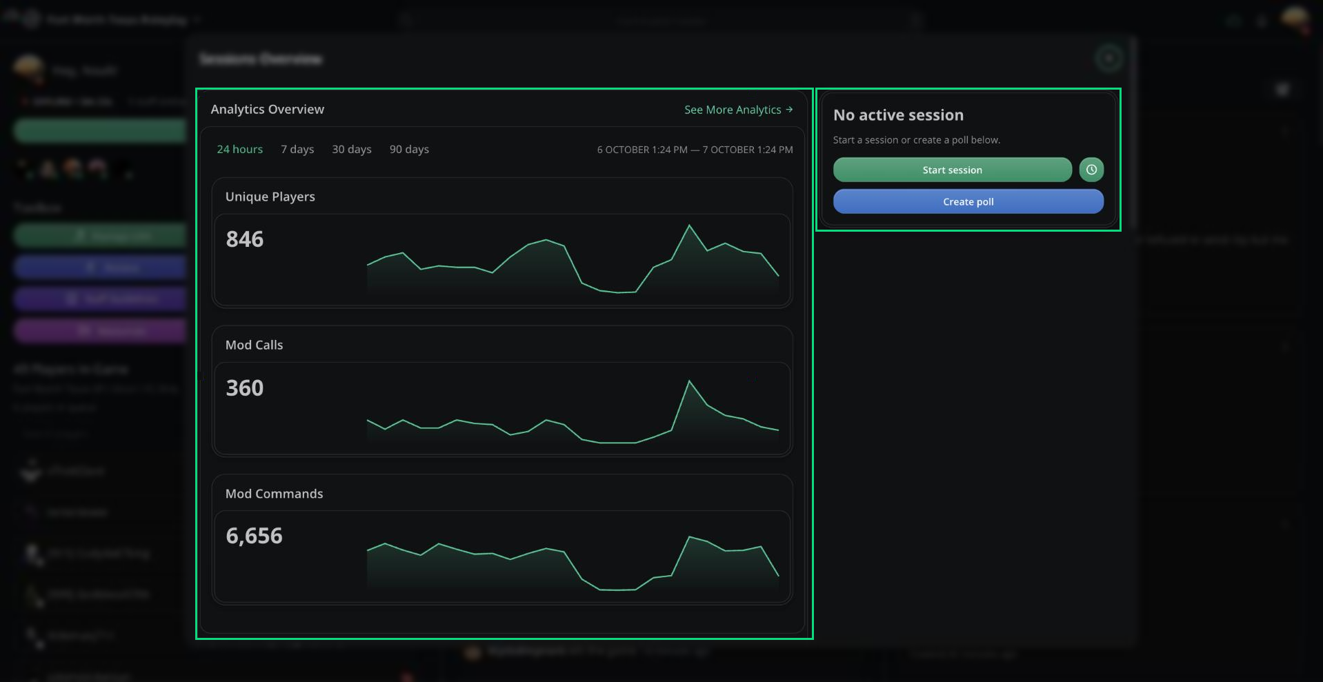 The Sessions Overview window with analytics and session controls