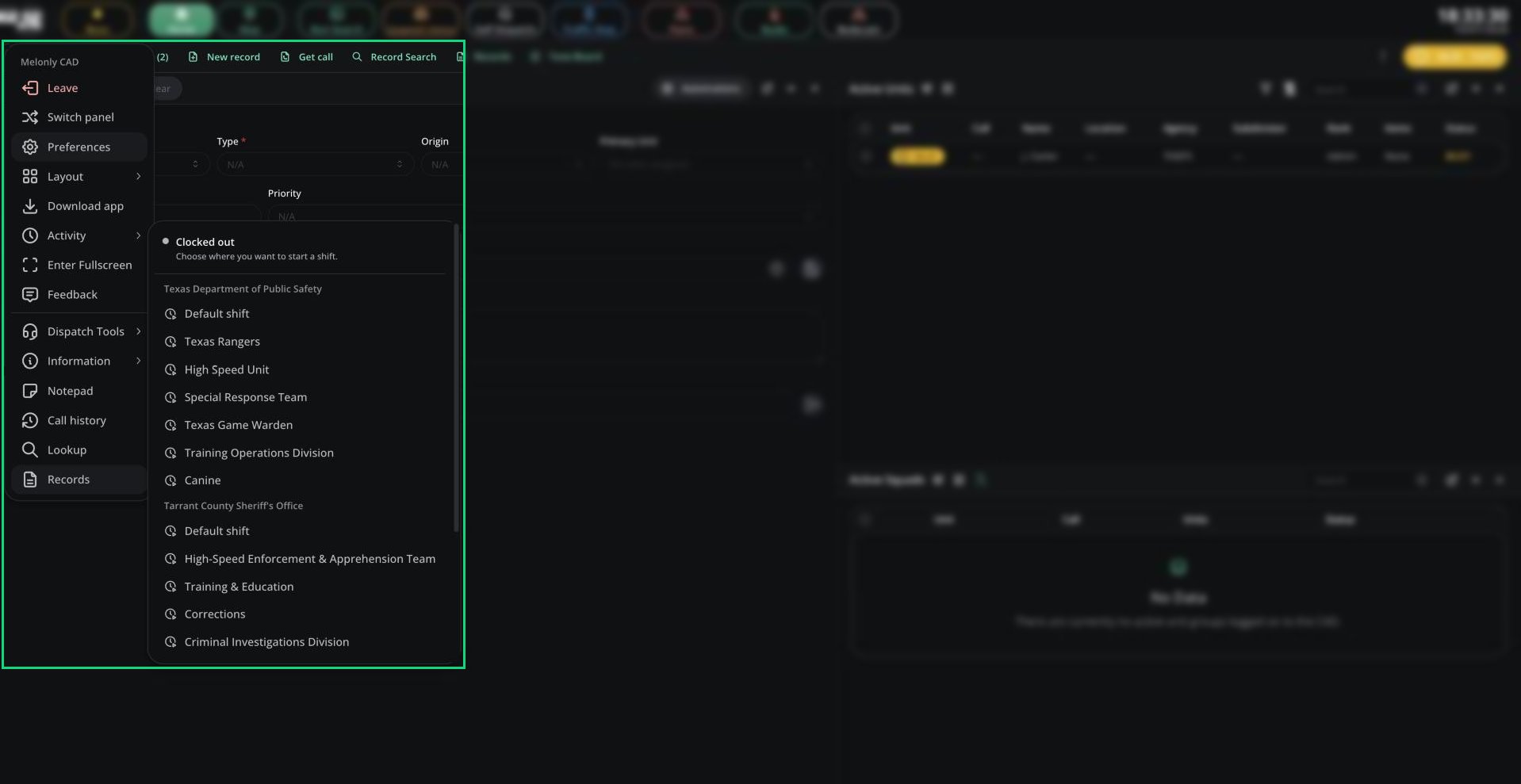The CAD menu with the Activity submenu open, showing the Clocked out header and a department with Start shift and shift type options