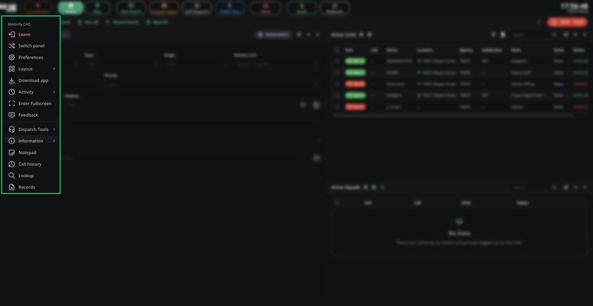 The CAD menu open on a Police panel, showing Leave, Switch panel, Preferences, Layout, Download app, Activity, Enter Fullscreen, Feedback, Dispatch Tools, Information, Notepad, Call history, Lookup and Records