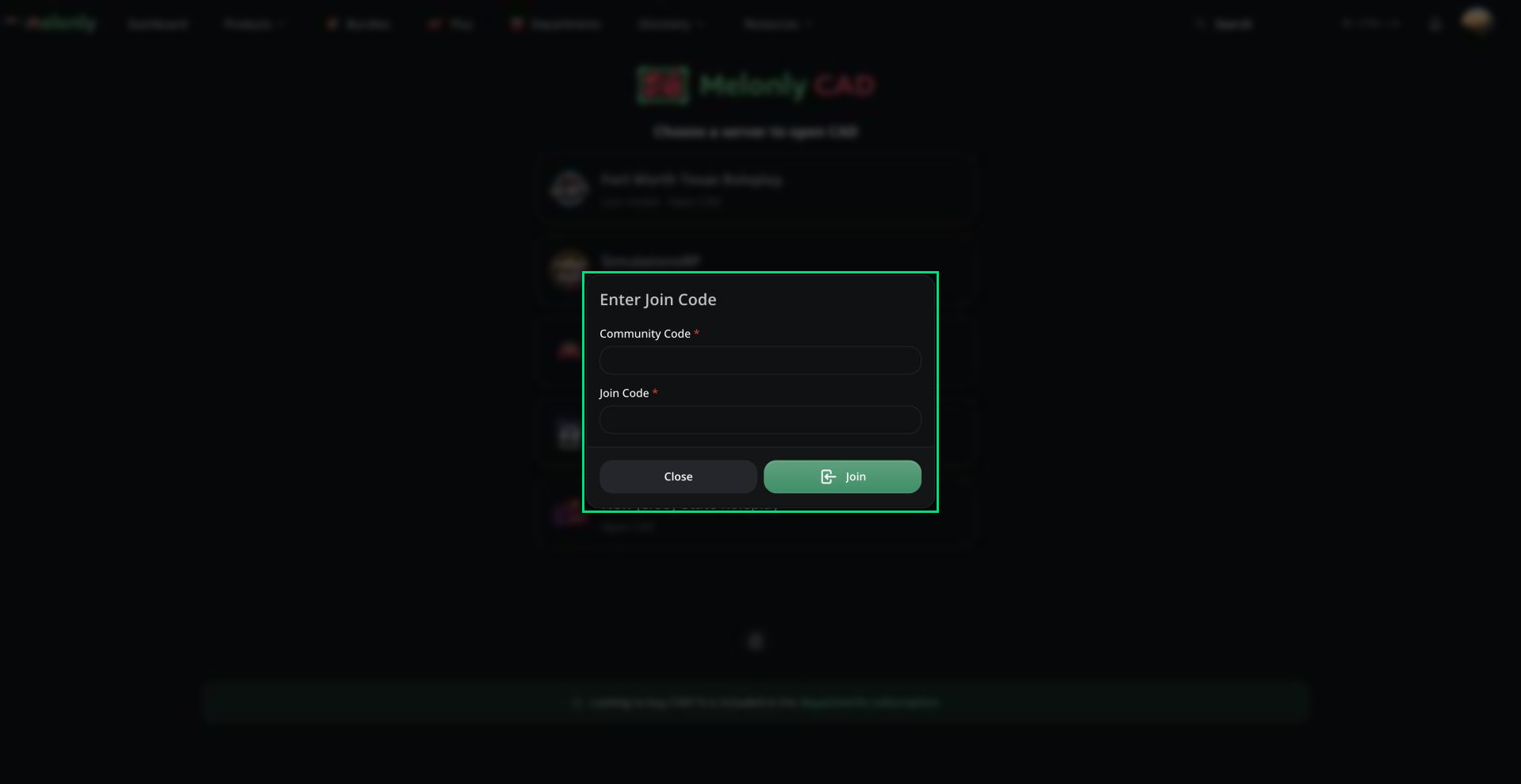 The Enter Join Code window with Community Code and Join Code fields and the Close and Join buttons