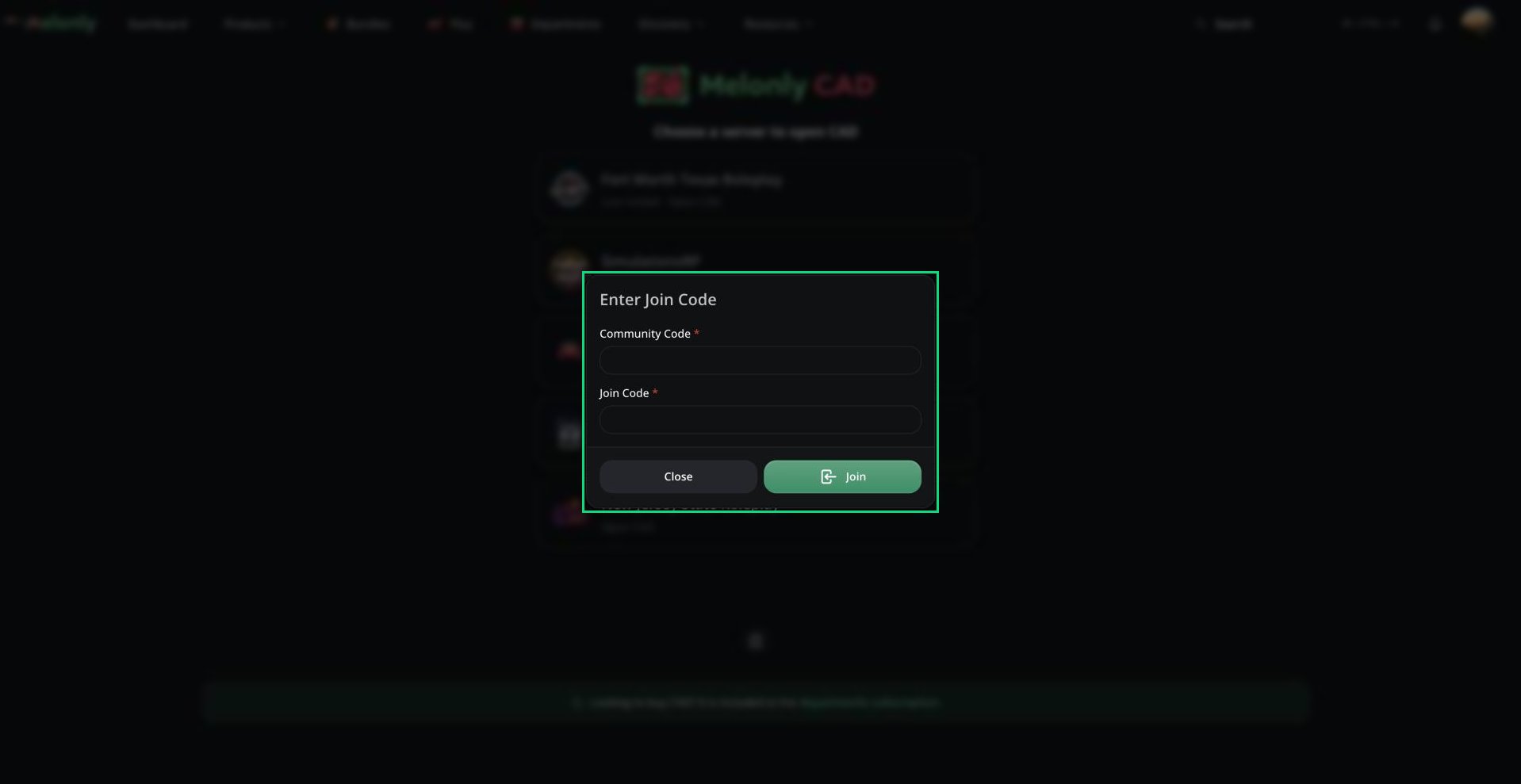 The Enter Join Code window with Community Code and Join Code fields and the Close and Join buttons
