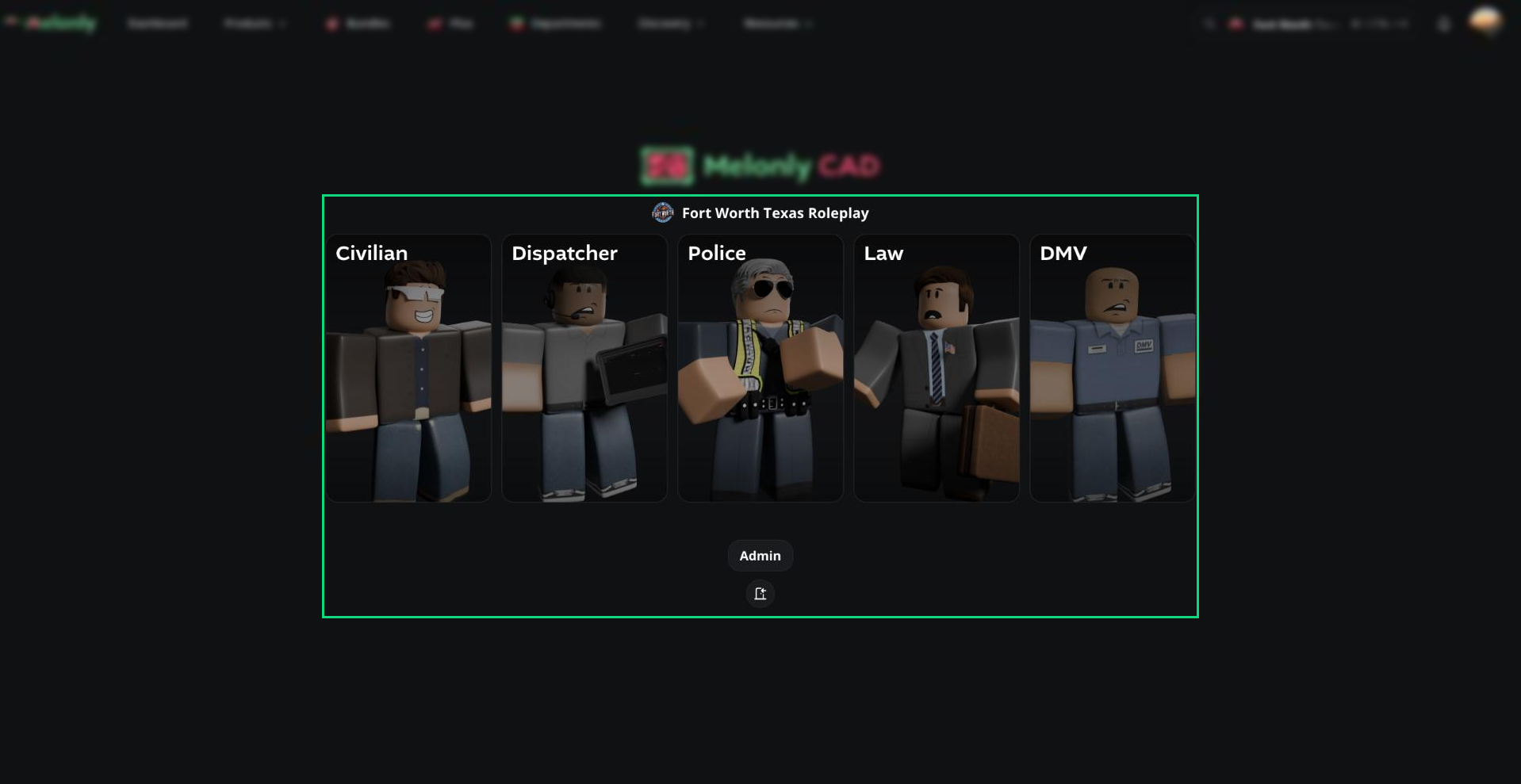 The CAD panel picker for a server, showing panel tiles for Civilian, Dispatcher, Police, Law and DMV, with the Admin button below
