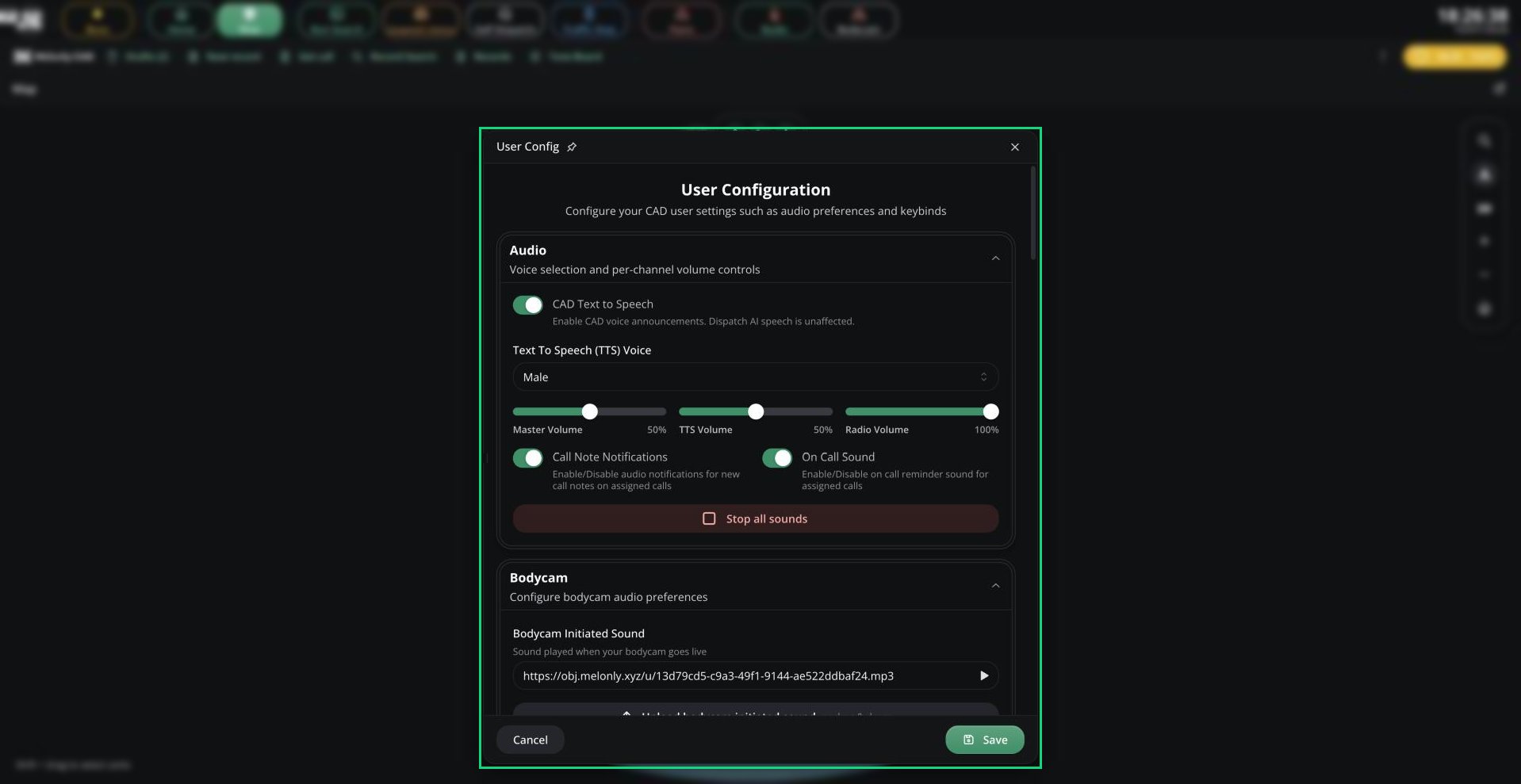 The User Config window on the Audio tab, showing CAD Text to Speech, TTS voice, Master/TTS/Radio volume sliders and the notification toggles