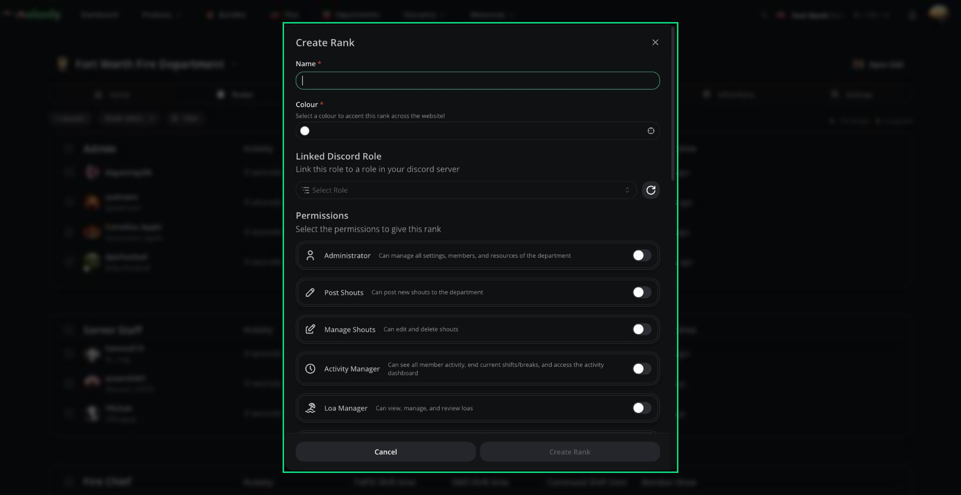 The department Create Rank window with name, colour, linked Discord role and the list of rank permissions