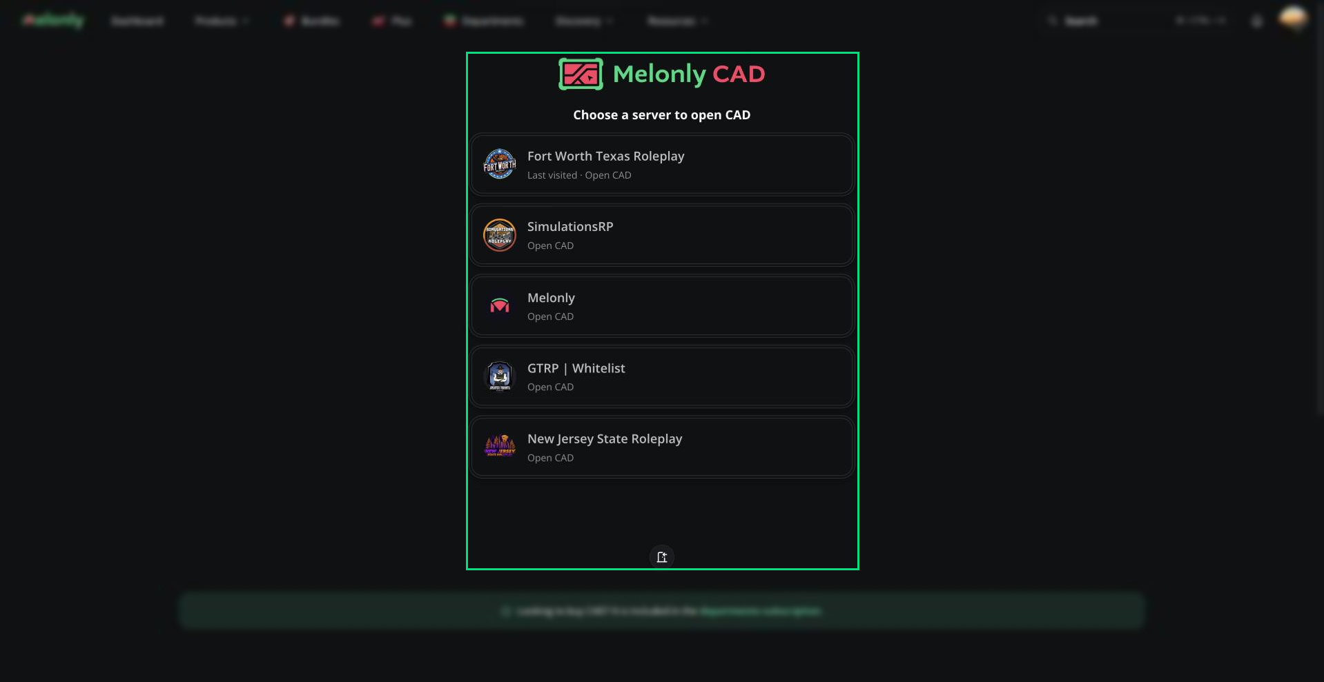 The CAD server list with a few server cards, one marked Last visited, and the Join Server door button below