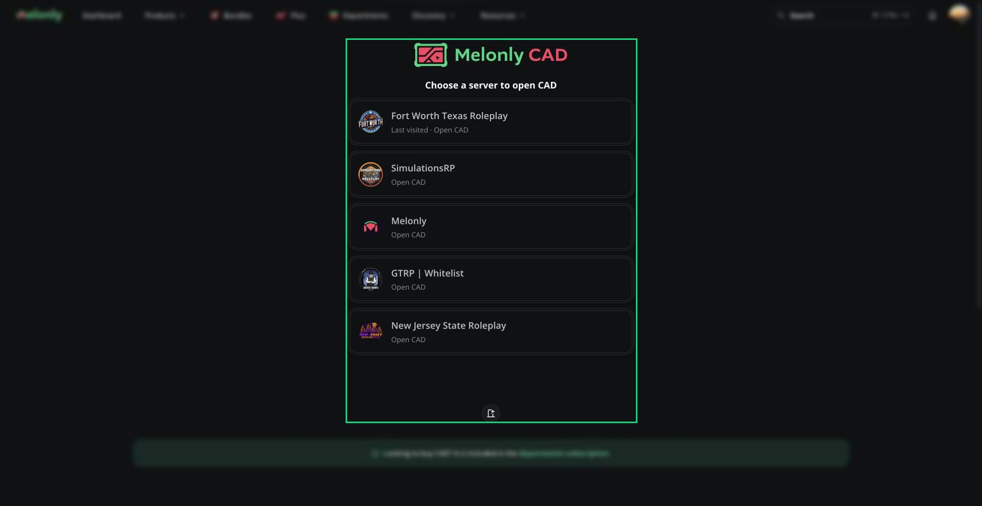 The CAD server list with a few server cards, one marked Last visited, and the Join Server door button below