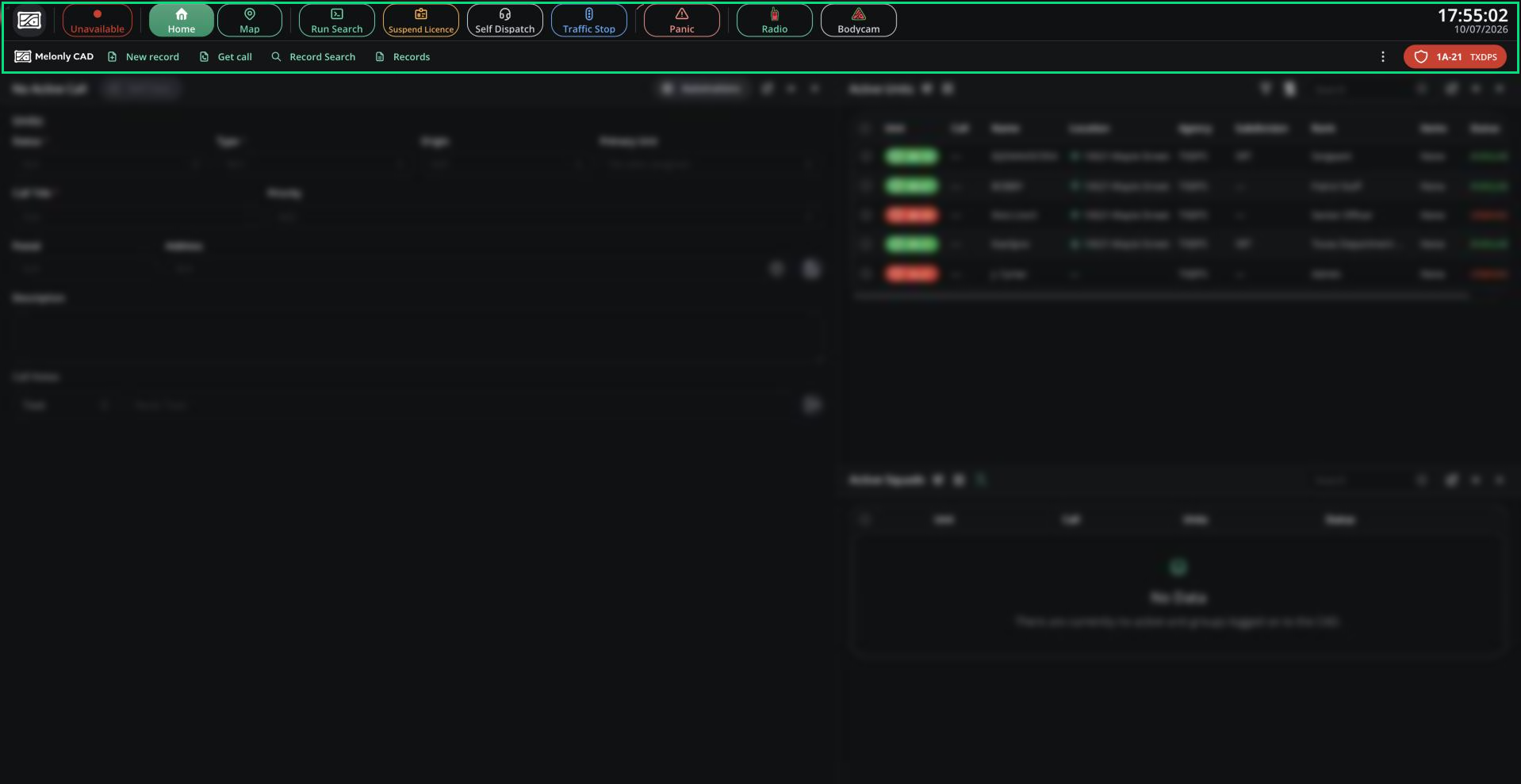The Police panel top bar with both rows visible: CAD menu logo, status, Home/Map tabs, Run Search, Suspend Licence, Self Dispatch, Traffic Stop, Panic, Radio, Bodycam, clock; then New record, Get call, Record Search, Records and the unit chip