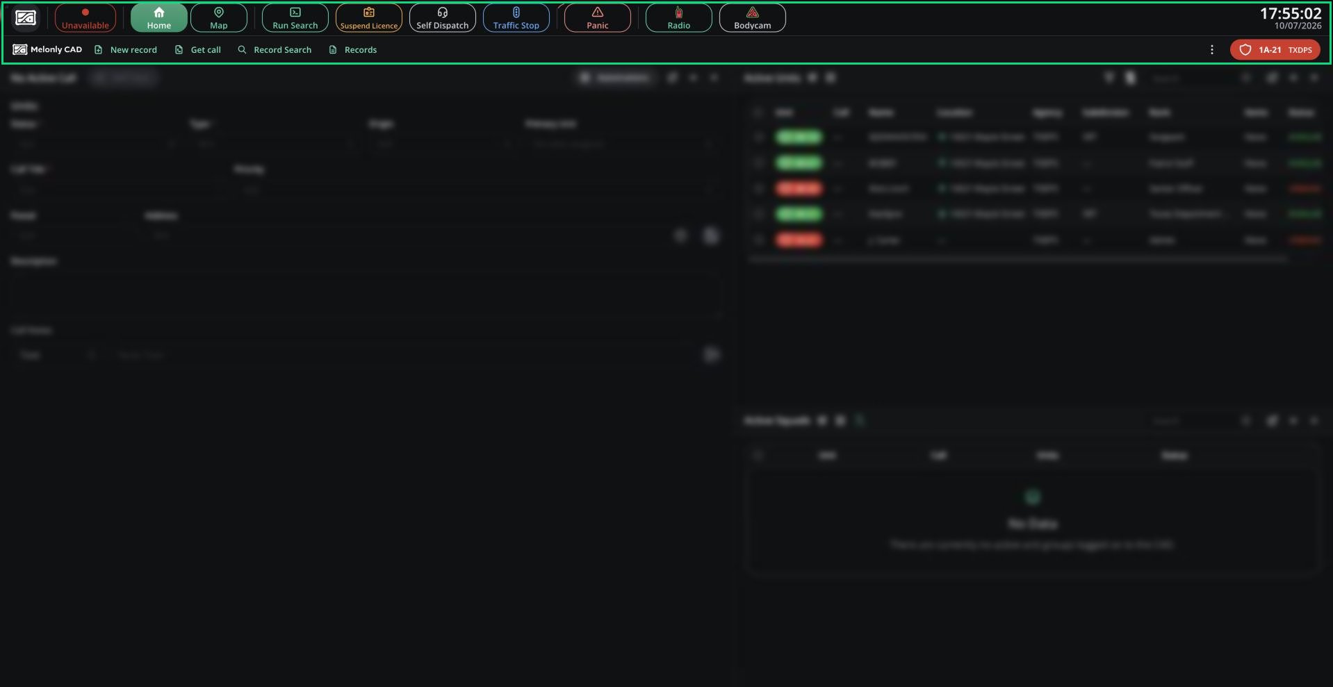 The Police panel top bar with both rows visible: CAD menu logo, status, Home/Map tabs, Run Search, Suspend Licence, Self Dispatch, Traffic Stop, Panic, Radio, Bodycam, clock; then New record, Get call, Record Search, Records and the unit chip
