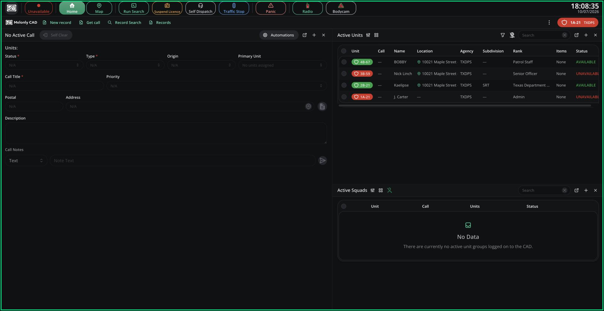 The Police panel Home tab with the call card, Active Units and Active Squads