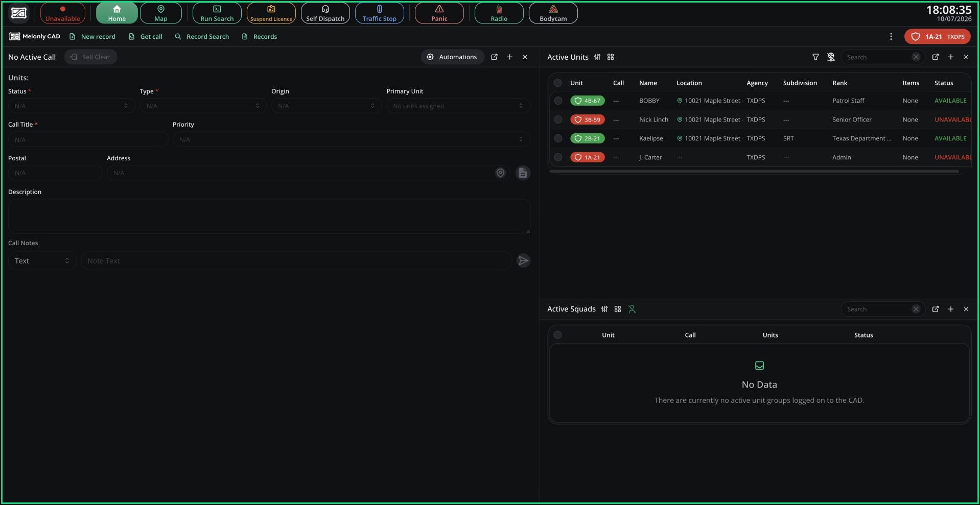 The Police panel Home tab with the call card, Active Units and Active Squads