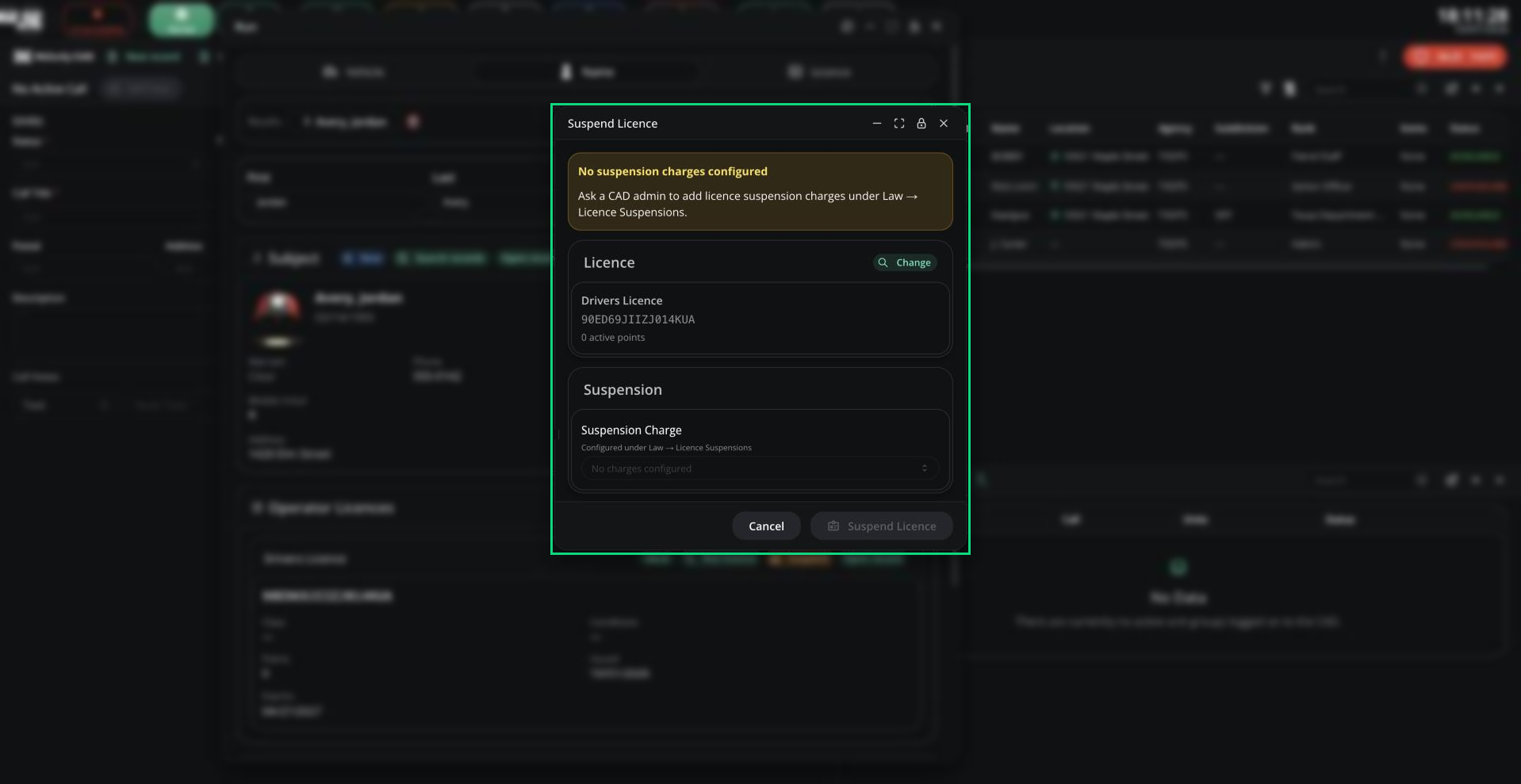 The Suspend Licence window with a licence selected and the Suspension Charge picker