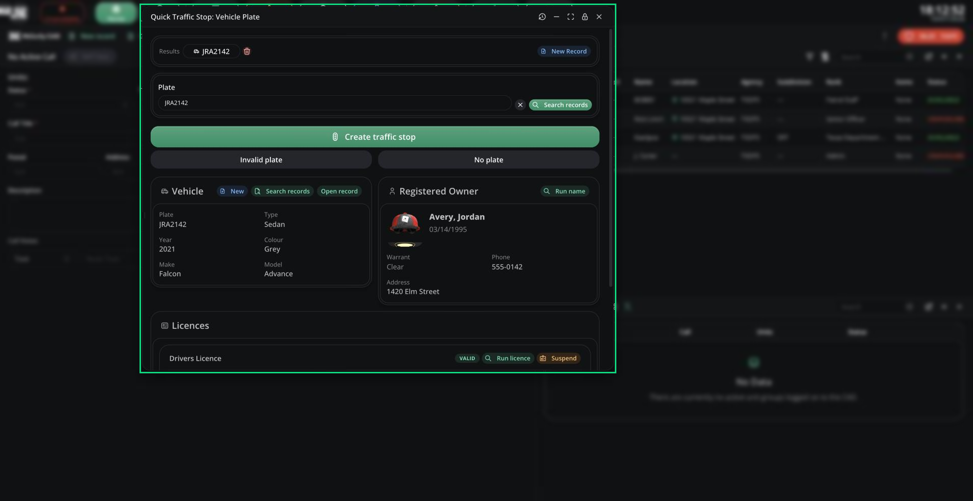 The Quick Traffic Stop run window with a plate result and the Create traffic stop, Invalid plate and No plate buttons
