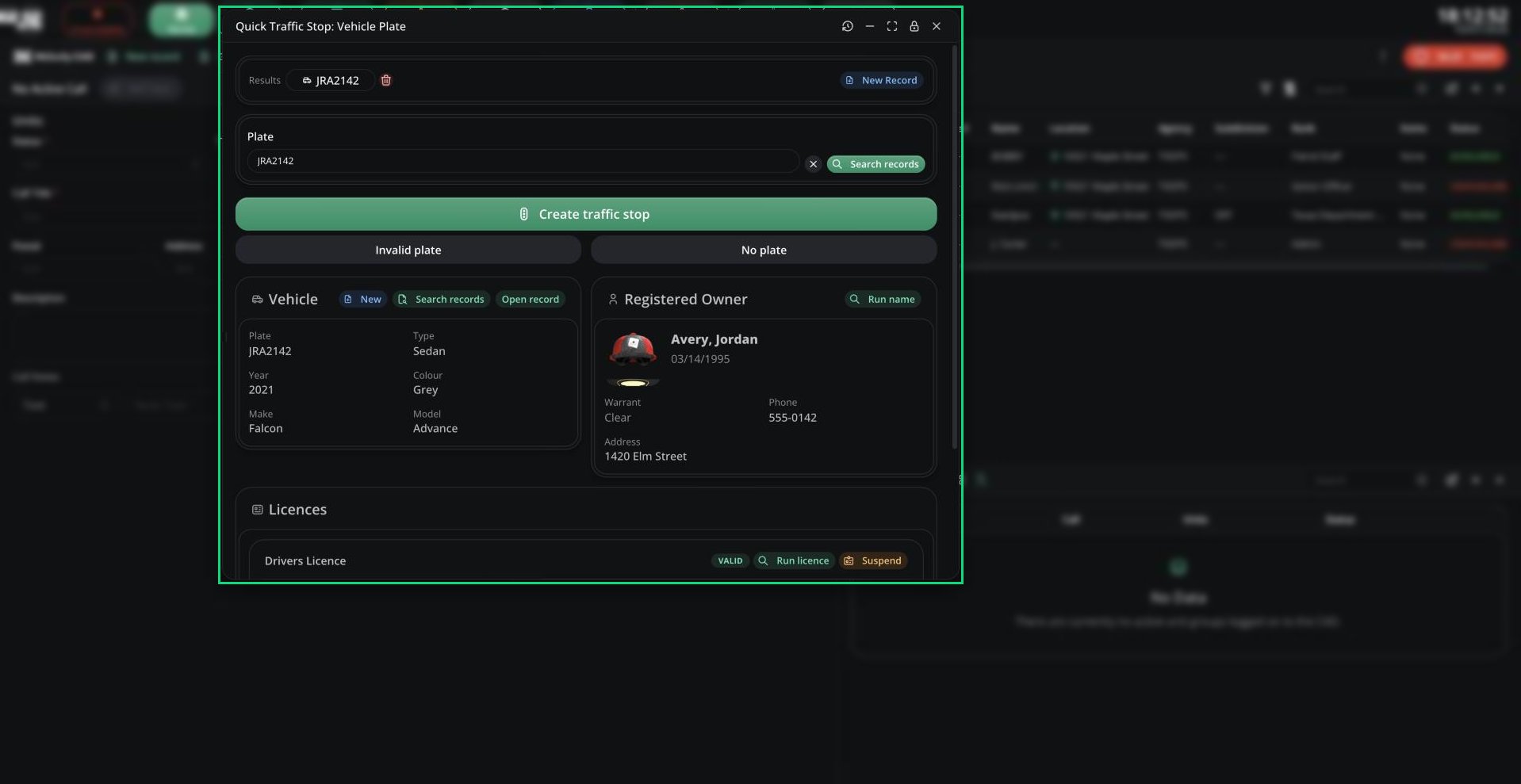 The Quick Traffic Stop run window with a plate result and the Create traffic stop, Invalid plate and No plate buttons