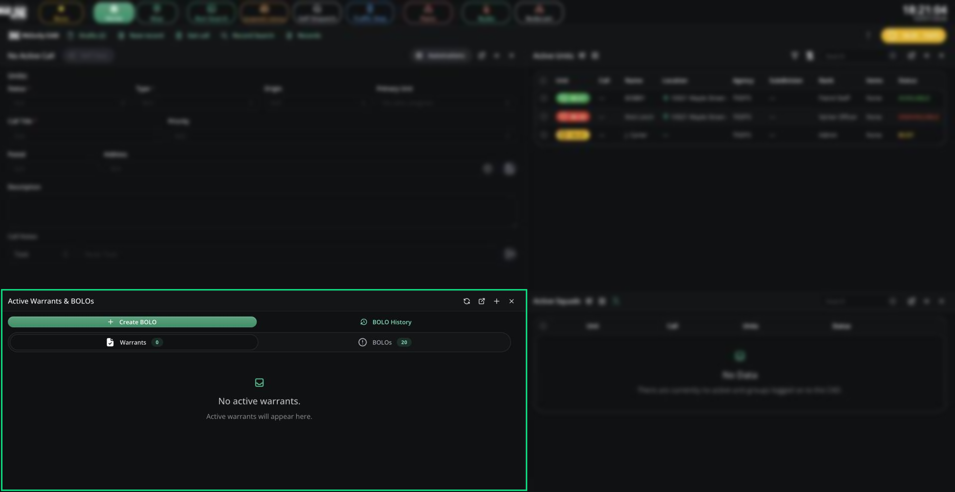 The Active Warrants & BOLOs card on the Warrants tab, with Create BOLO and BOLO History