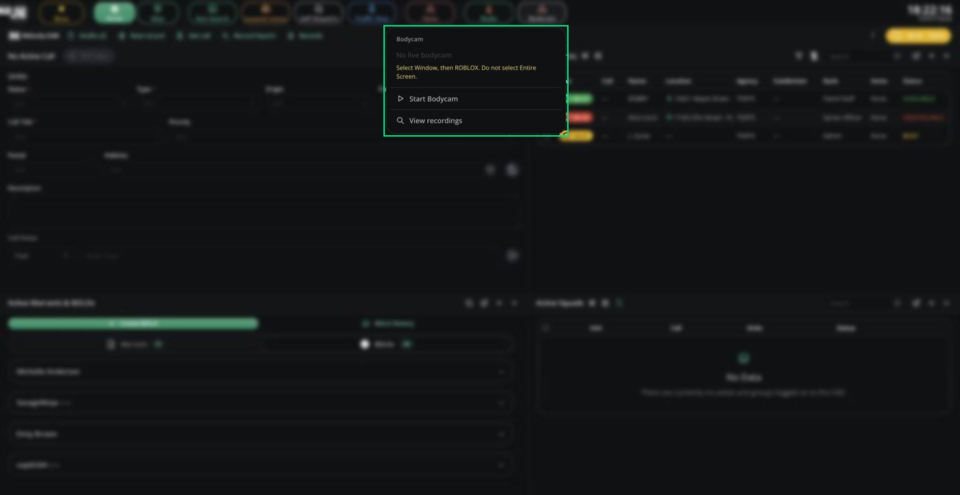 The Bodycam menu open in the top bar with Start Bodycam and View recordings