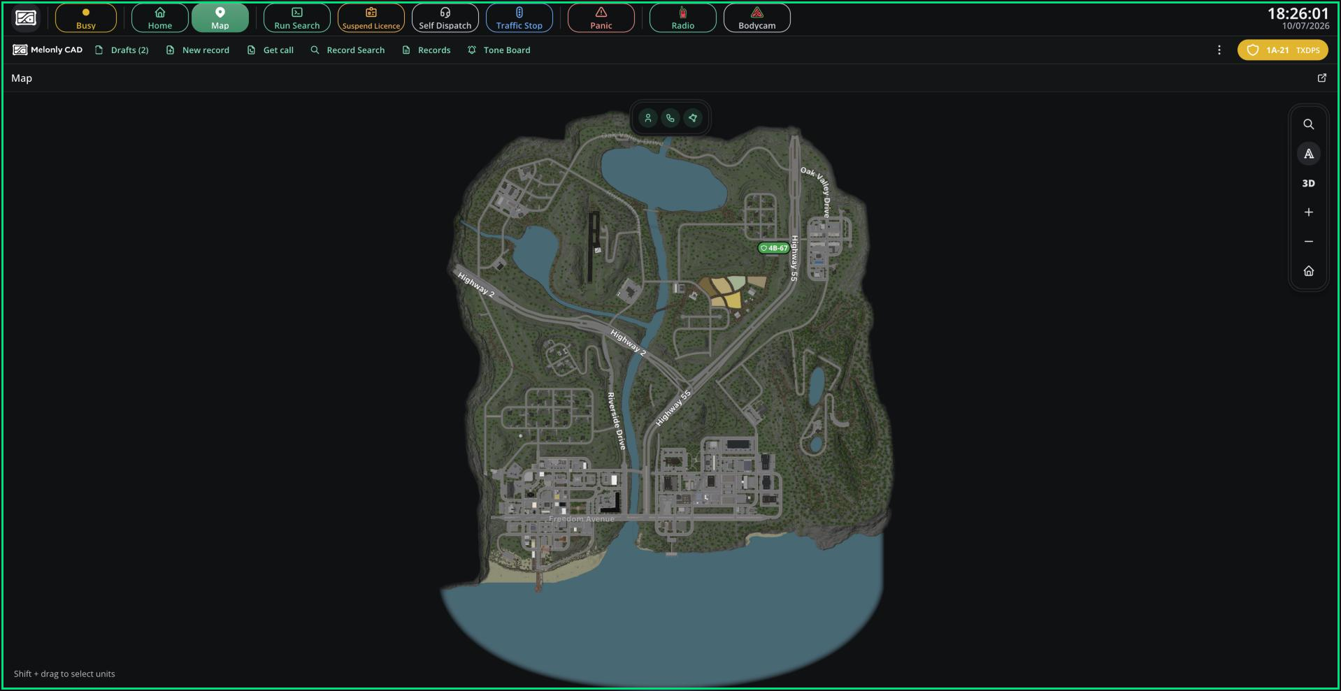The live map with a unit marker and the layer toggles