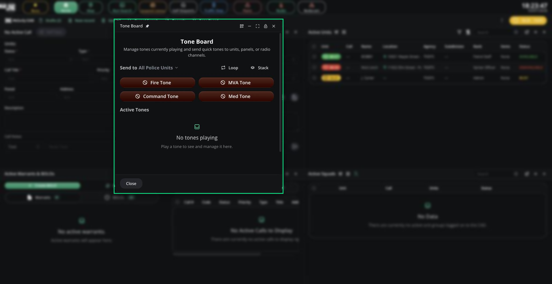 The Tone Board window with custom tone buttons, the Send to menu and the Active Tones list